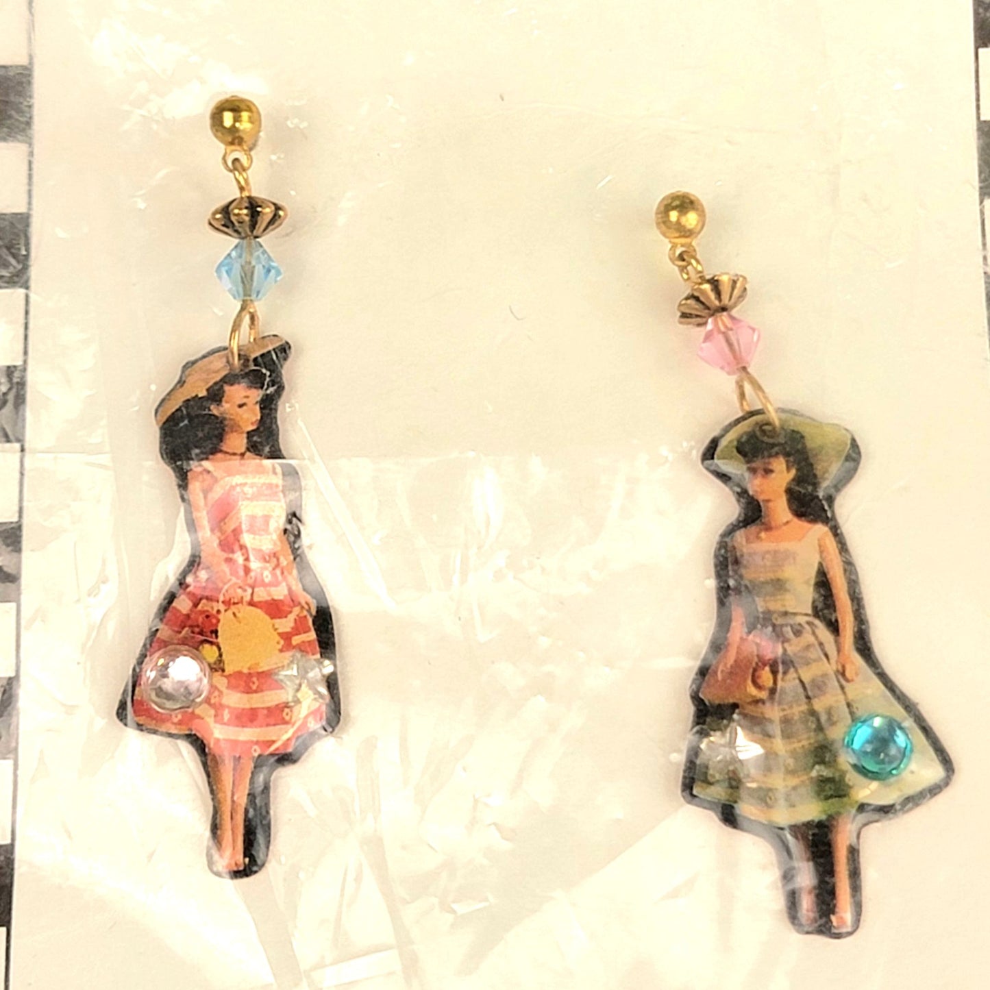 Vintage 90s Barbie Earrings Retro 50s Style Beads Post Back Rhinestone Jewelry