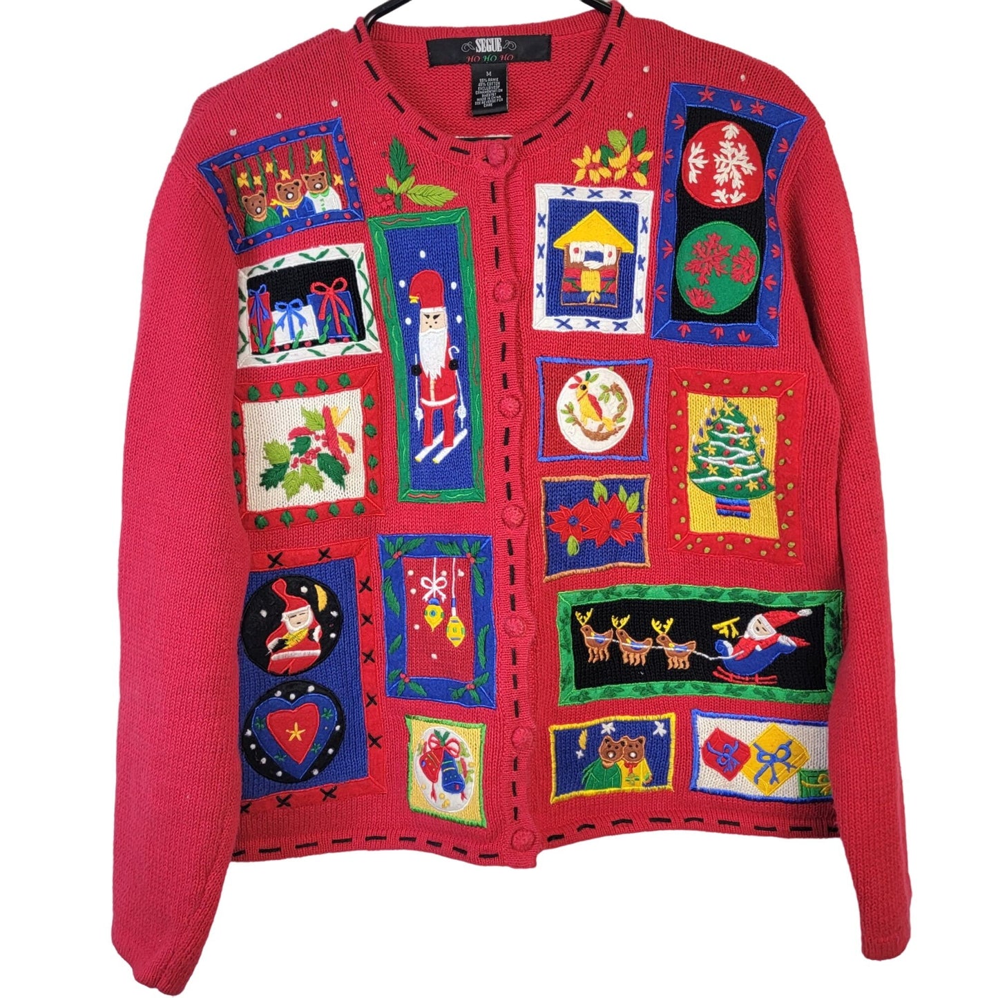 Vintage 90s Patchwork Christmas Sweater Women Medium Cardigan Santa Red