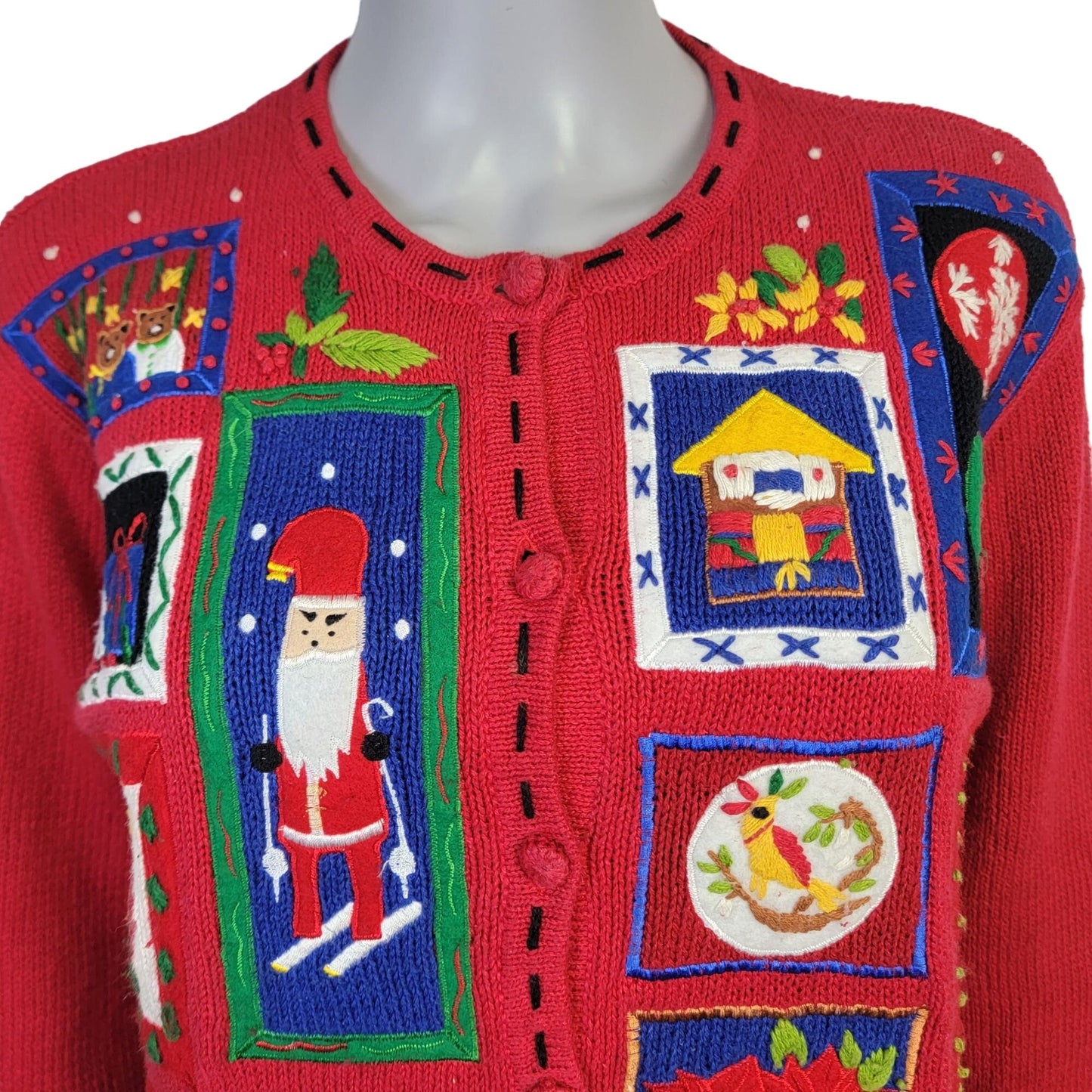 Vintage 90s Patchwork Christmas Sweater Women Medium Cardigan Santa Red