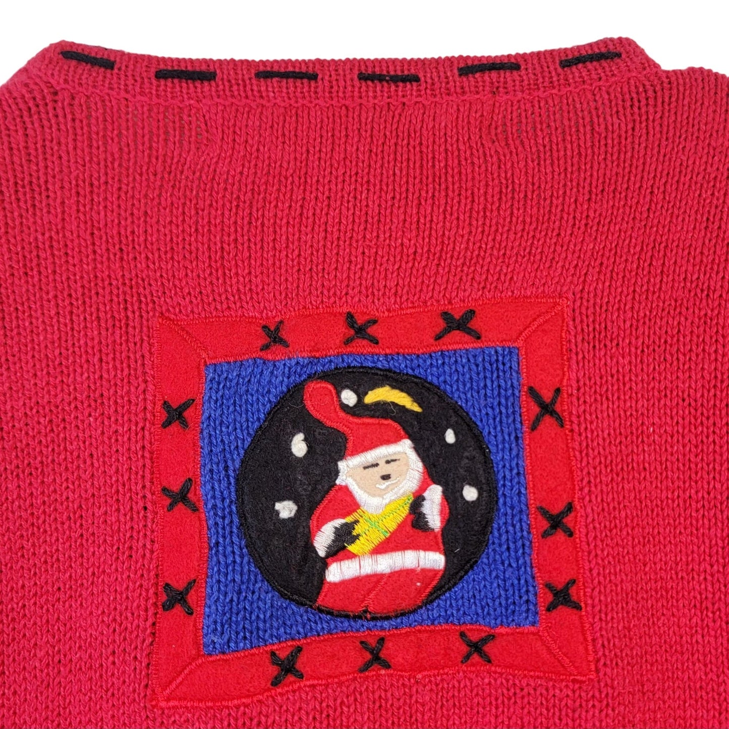 Vintage 90s Patchwork Christmas Sweater Women Medium Cardigan Santa Red