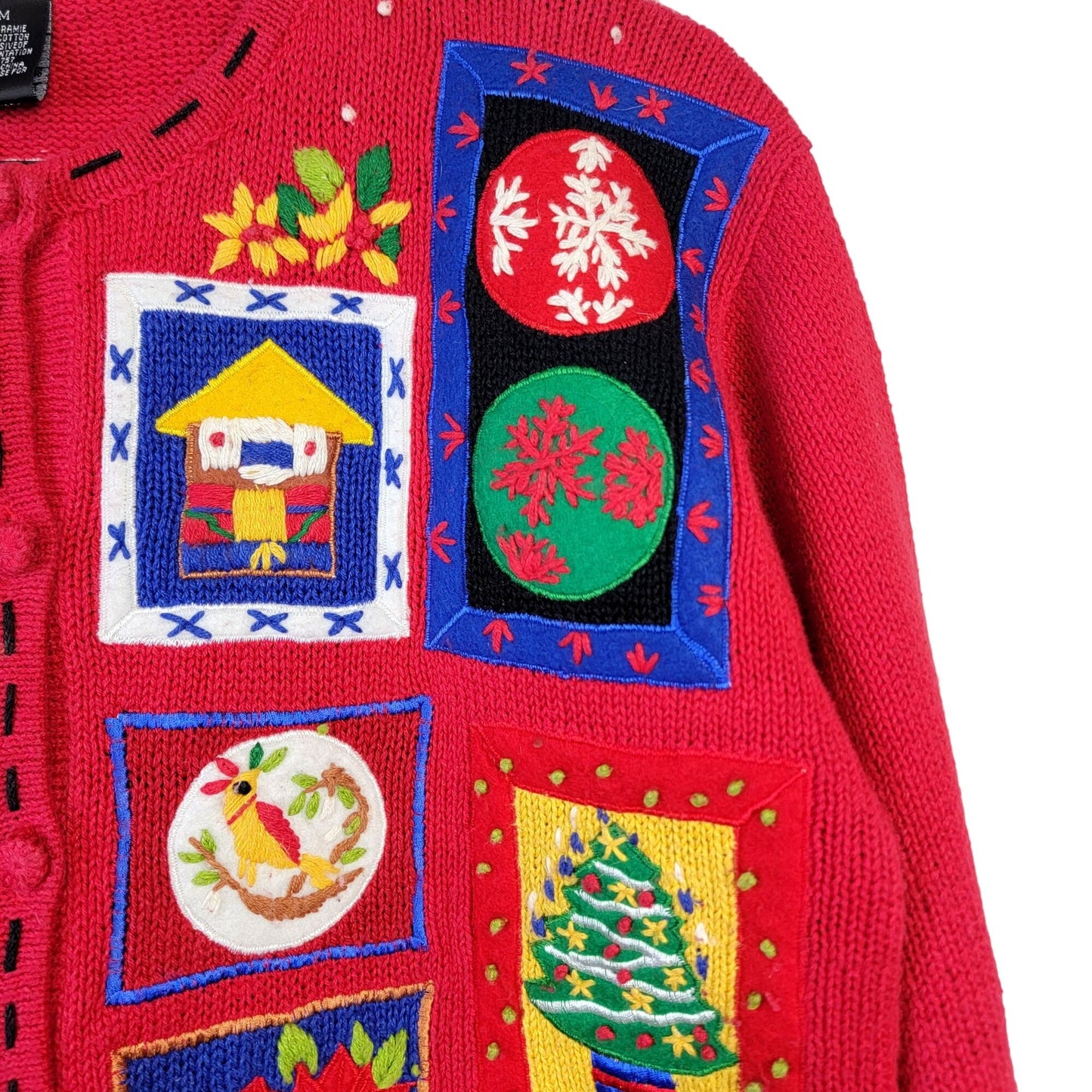 Vintage 90s Patchwork Christmas Sweater Women Medium Cardigan Santa Red
