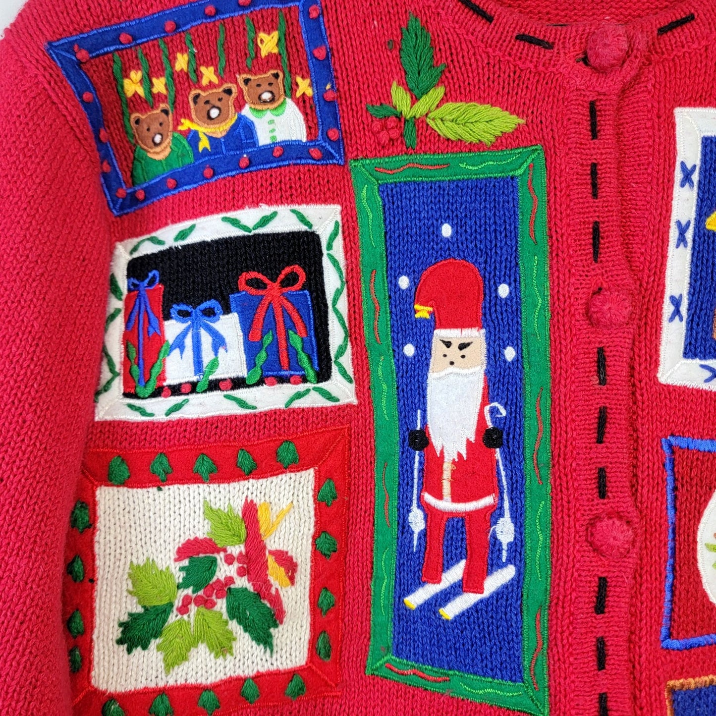 Vintage 90s Patchwork Christmas Sweater Women Medium Cardigan Santa Red