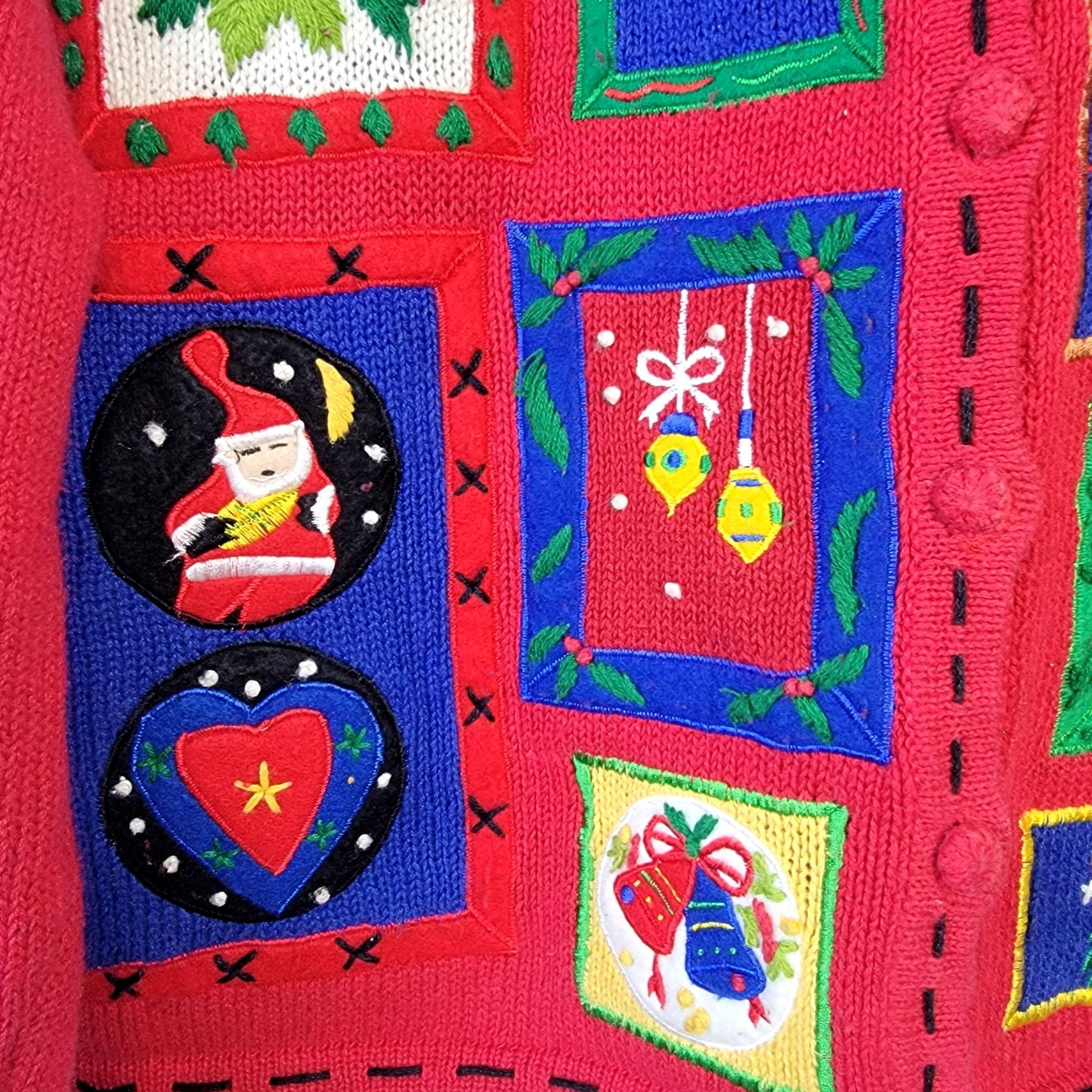 Vintage 90s Patchwork Christmas Sweater Women Medium Cardigan Santa Red