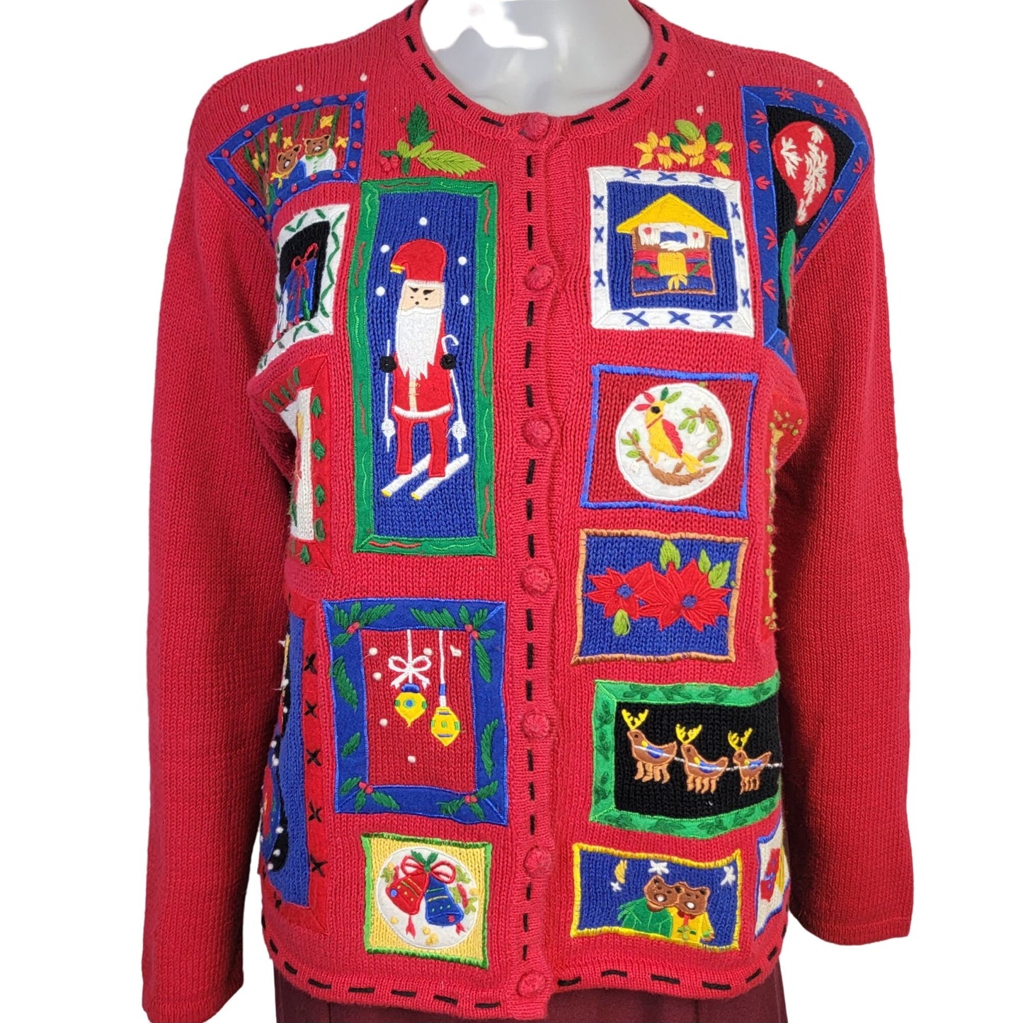 Vintage 90s Patchwork Christmas Sweater Women Medium Cardigan Santa Red
