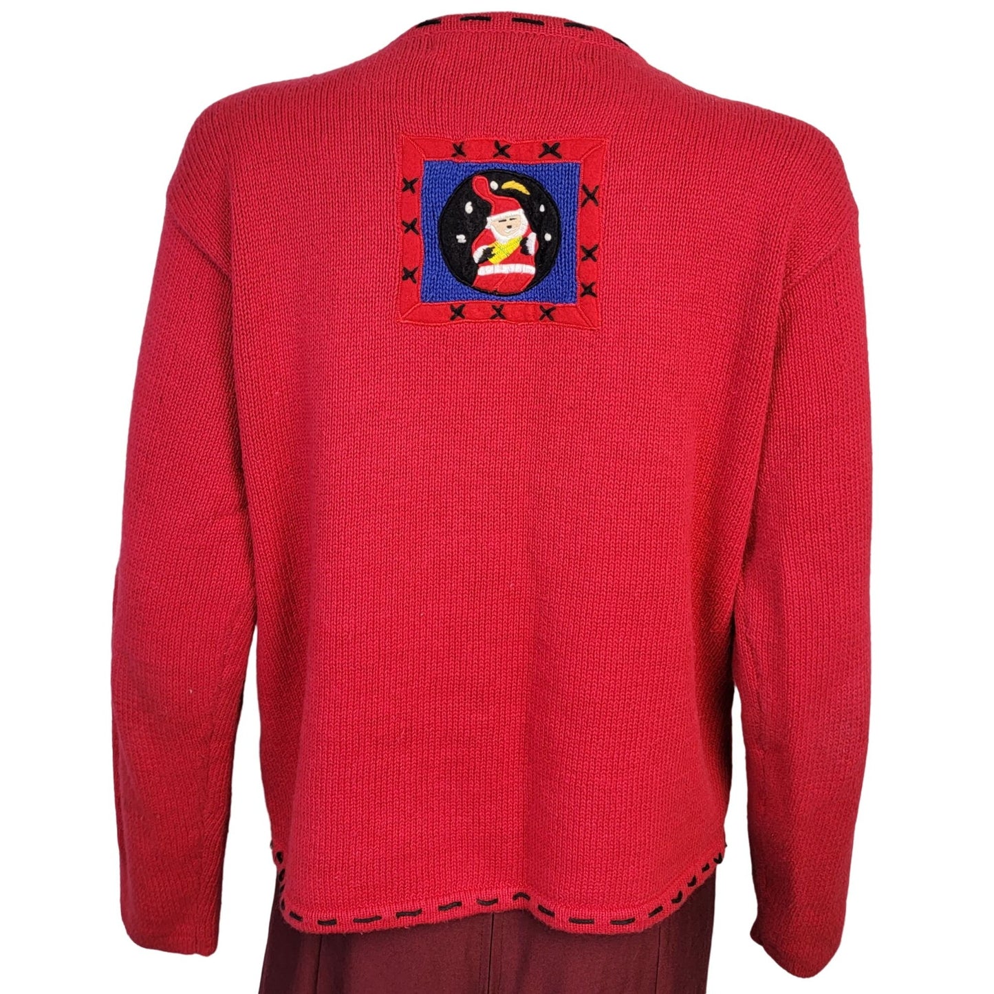 Vintage 90s Patchwork Christmas Sweater Women Medium Cardigan Santa Red
