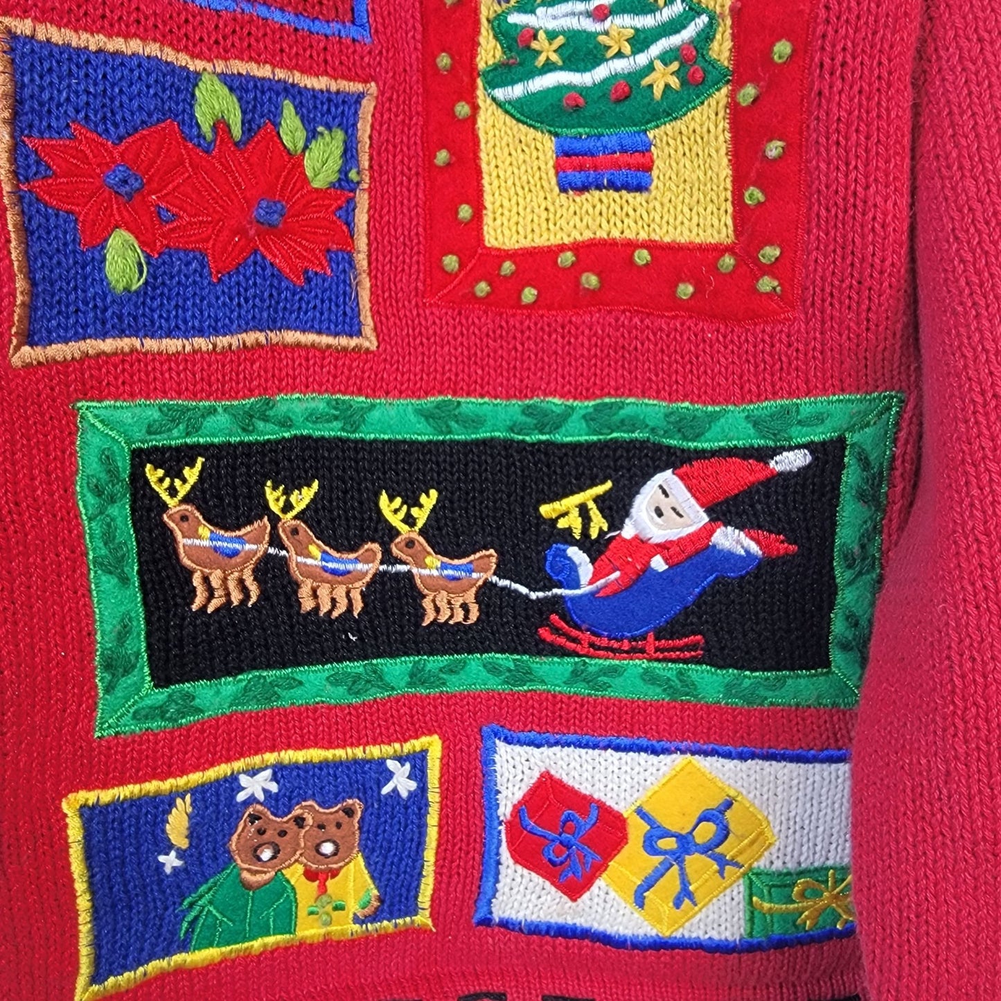 Vintage 90s Patchwork Christmas Sweater Women Medium Cardigan Santa Red