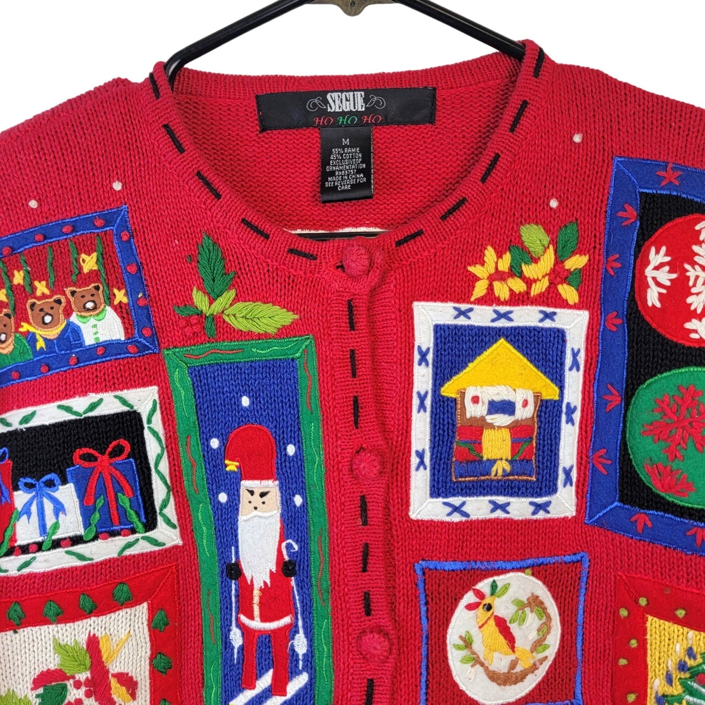 Vintage 90s Patchwork Christmas Sweater Women Medium Cardigan Santa Red