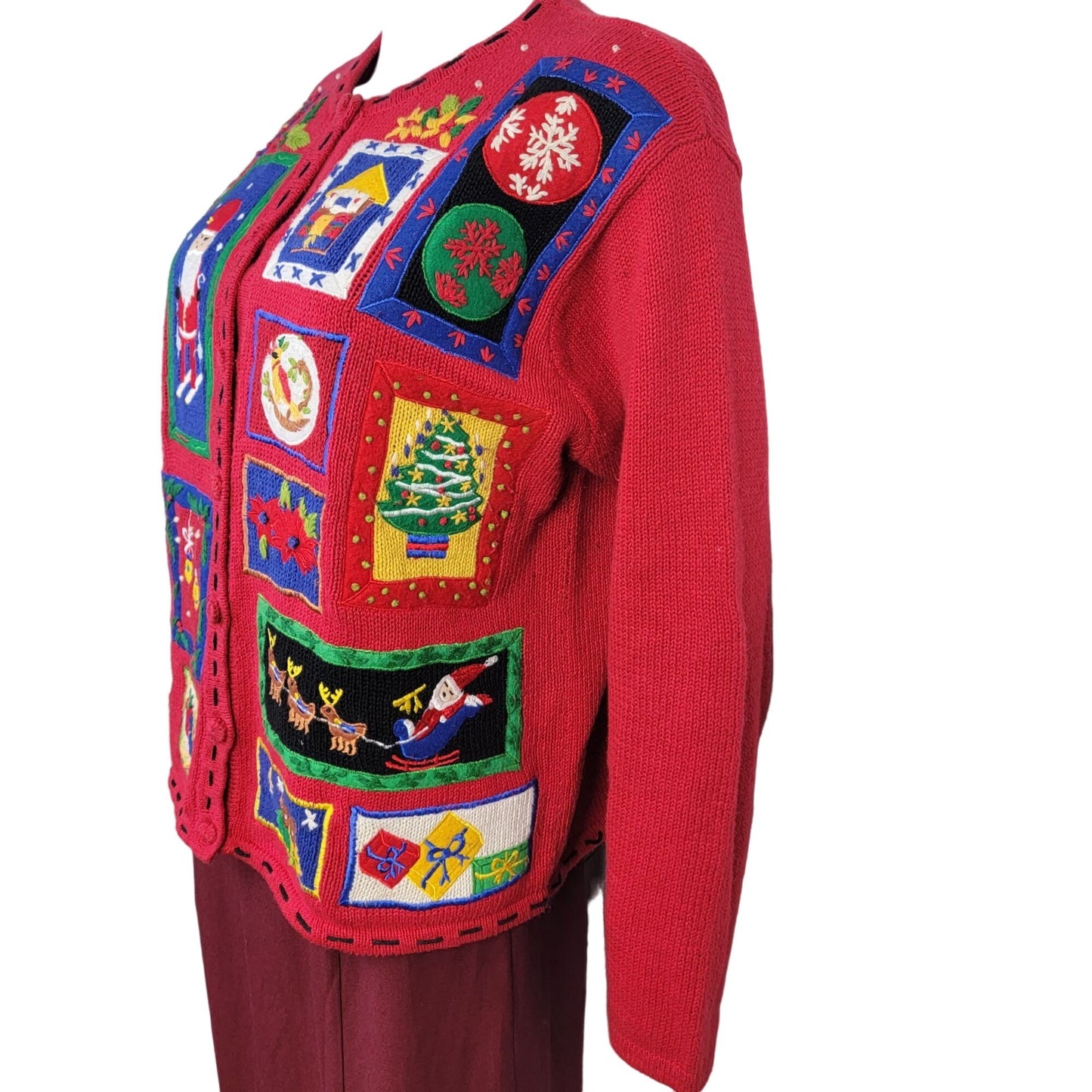 Vintage 90s Patchwork Christmas Sweater Women Medium Cardigan Santa Red