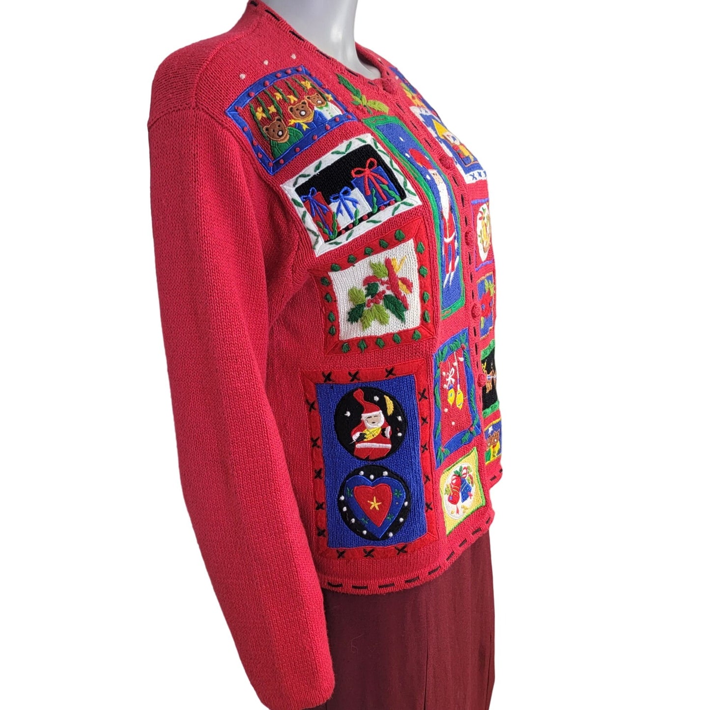 Vintage 90s Patchwork Christmas Sweater Women Medium Cardigan Santa Red