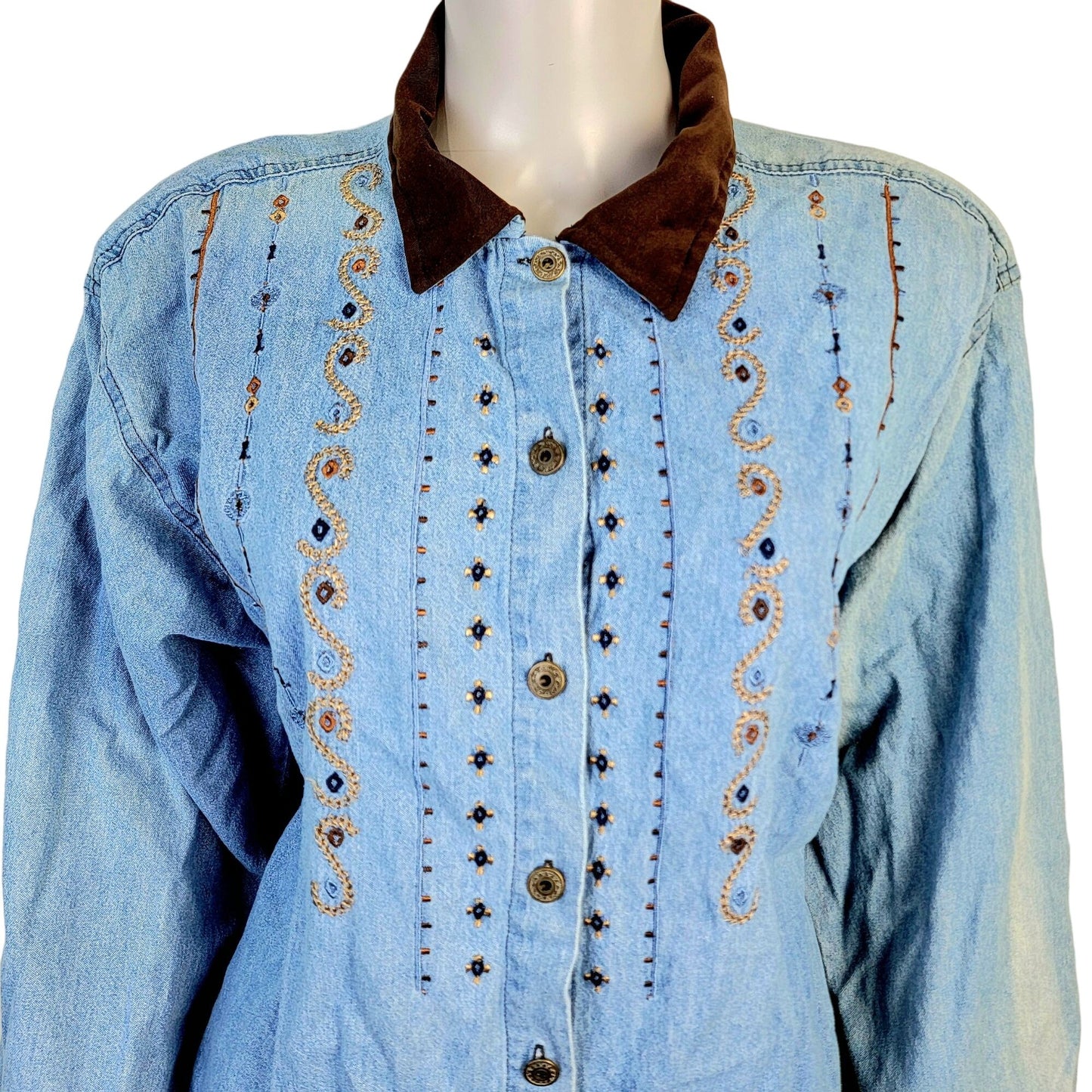 Vintage 90s Embroidered Denim Shirt Women Large