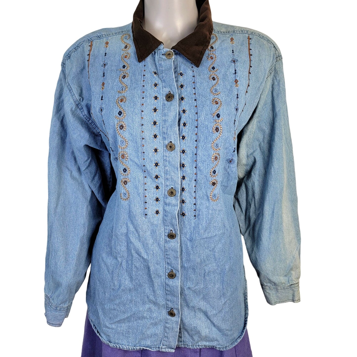 Vintage 90s Embroidered Denim Shirt Women Large
