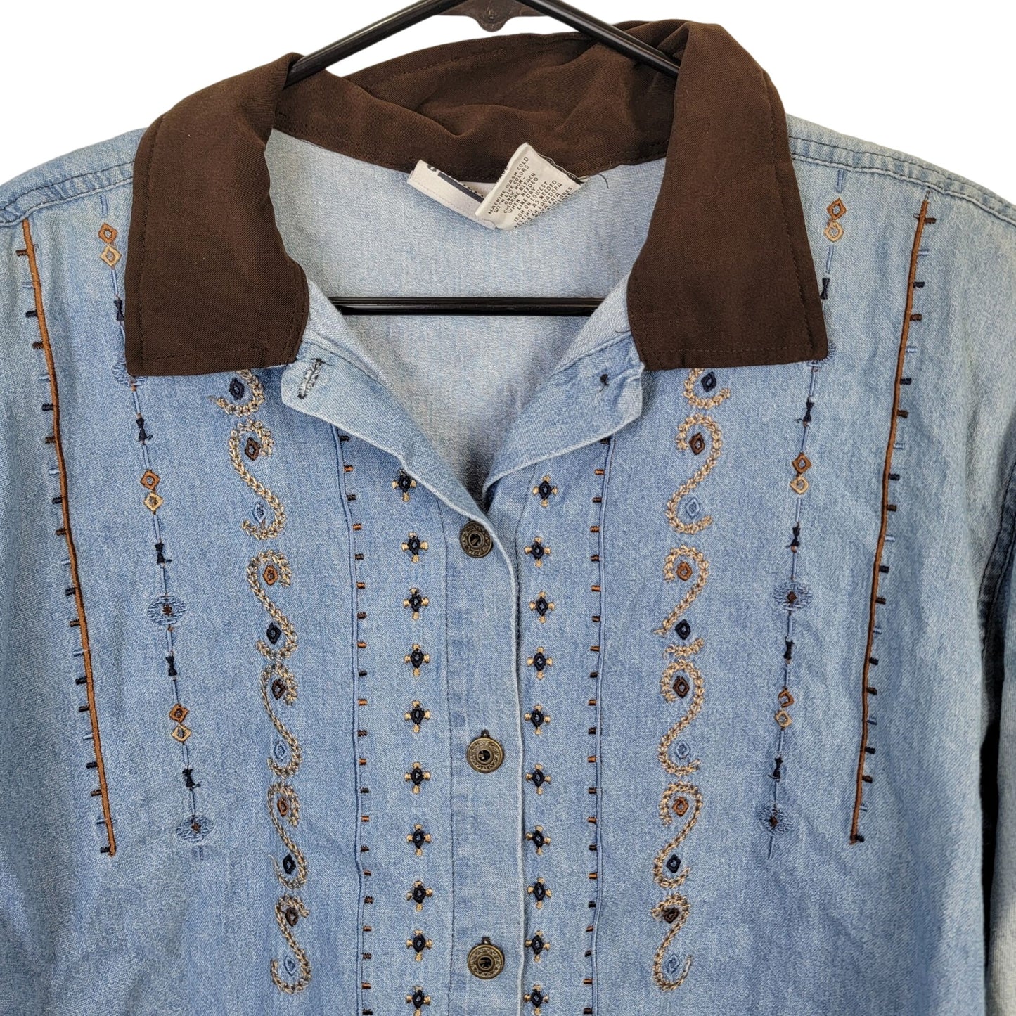 Vintage 90s Embroidered Denim Shirt Women Large