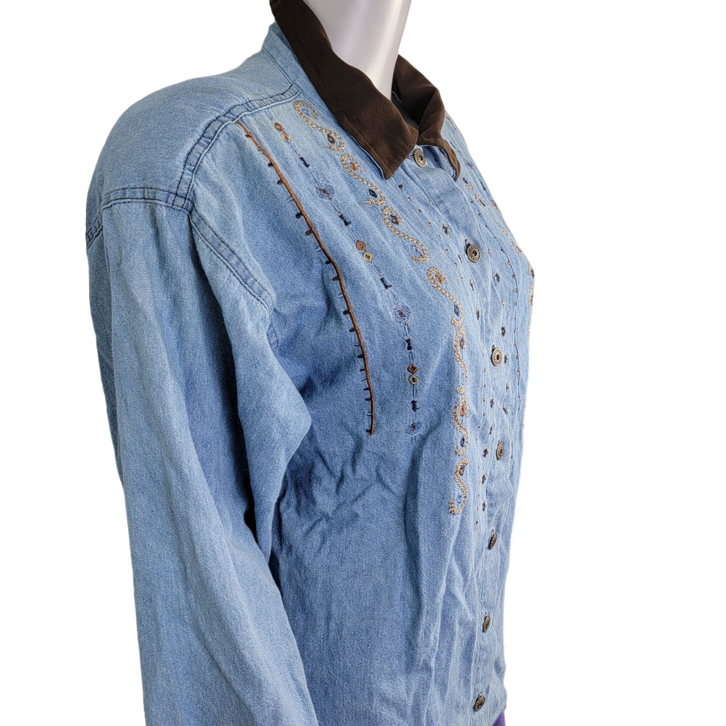 Vintage 90s Embroidered Denim Shirt Women Large
