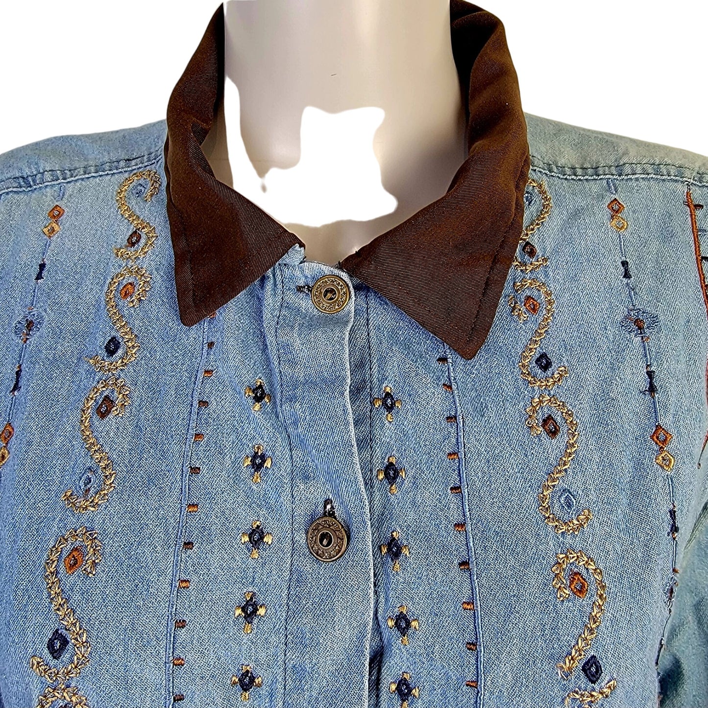 Vintage 90s Embroidered Denim Shirt Women Large
