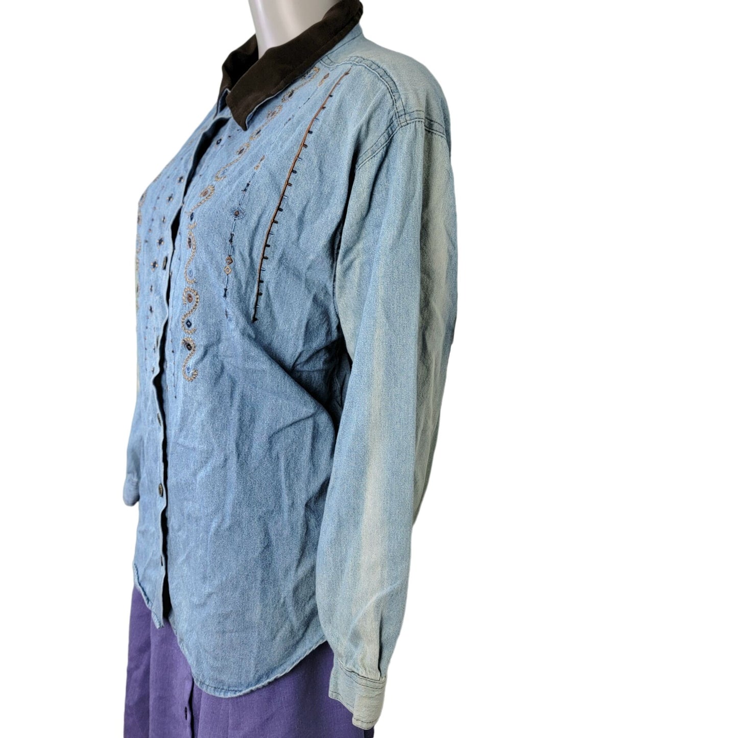 Vintage 90s Embroidered Denim Shirt Women Large