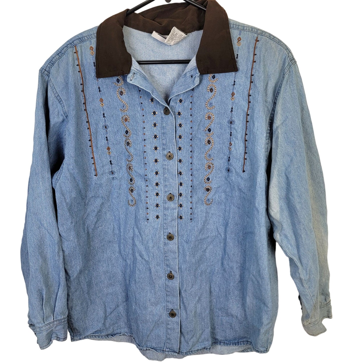 Vintage 90s Embroidered Denim Shirt Women Large