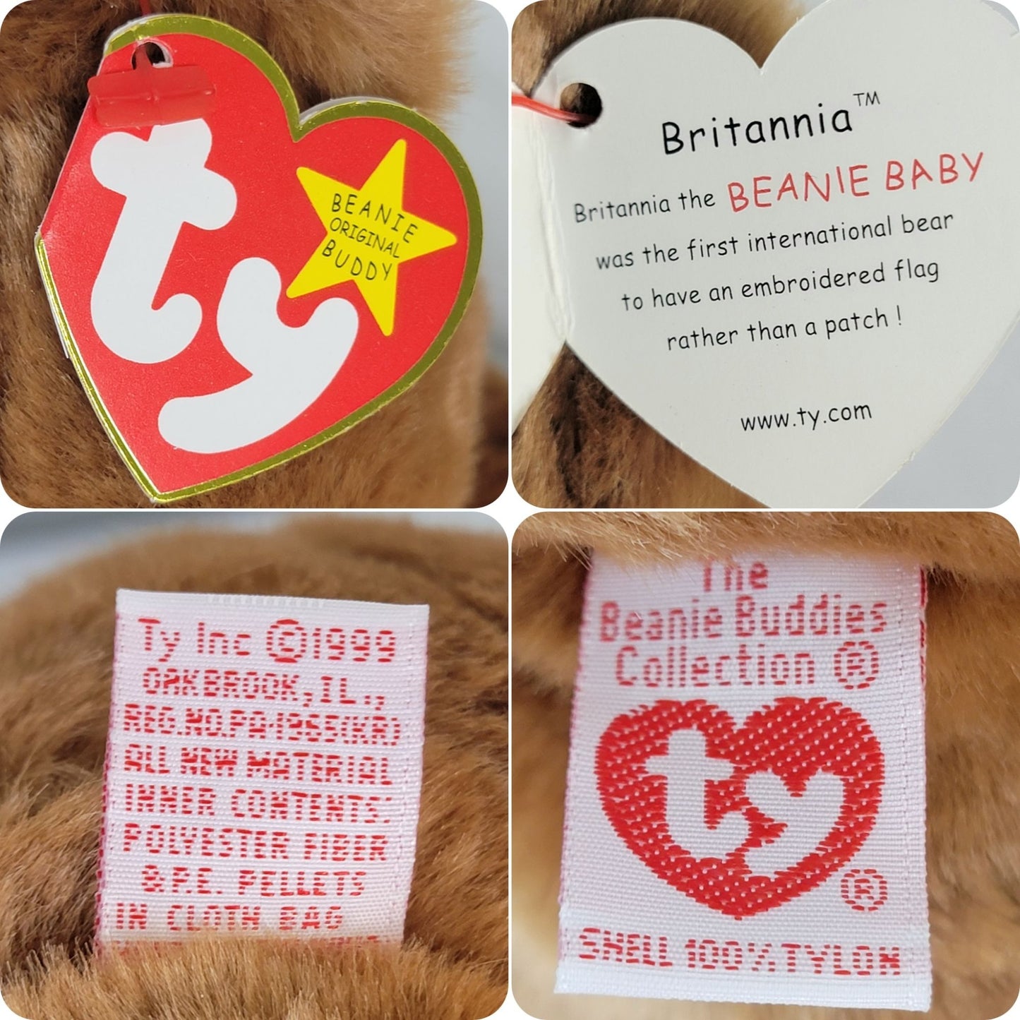 Vintage Ty Beanie Buddies Britannia Bear Large Brown Union Jack Stuffed Animal