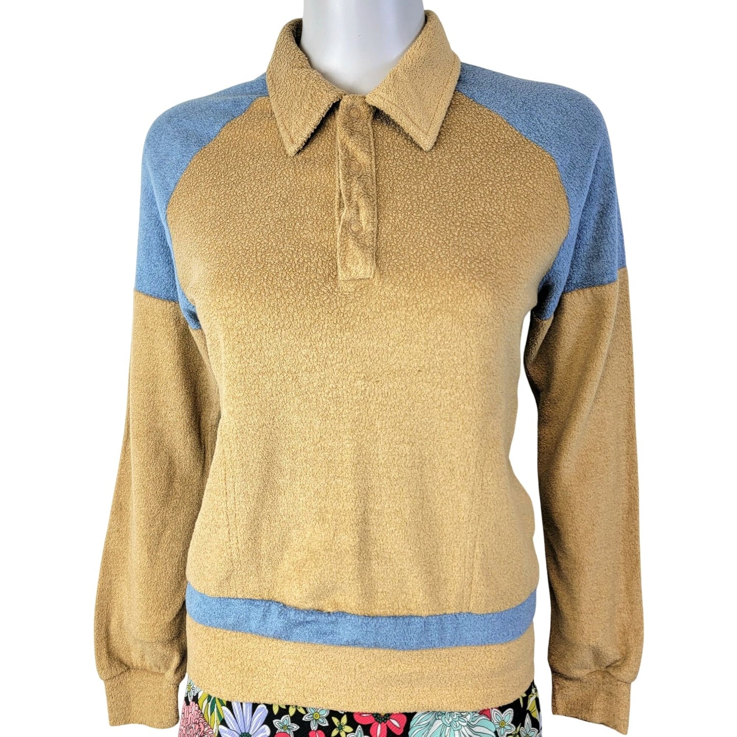 Vintage 70s Terry Polo Shirt Women Medium Tan Blue Sweater Sweatshirt Top Casual