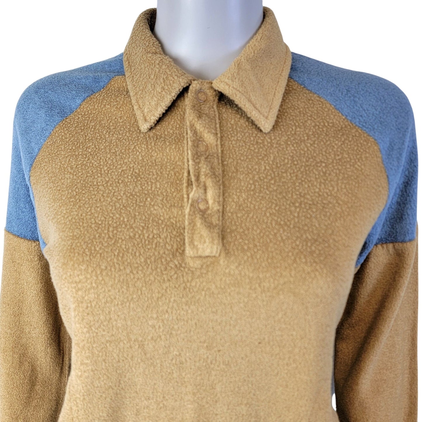 Vintage 70s Terry Polo Shirt Women Medium Tan Blue Sweater Sweatshirt Top Casual