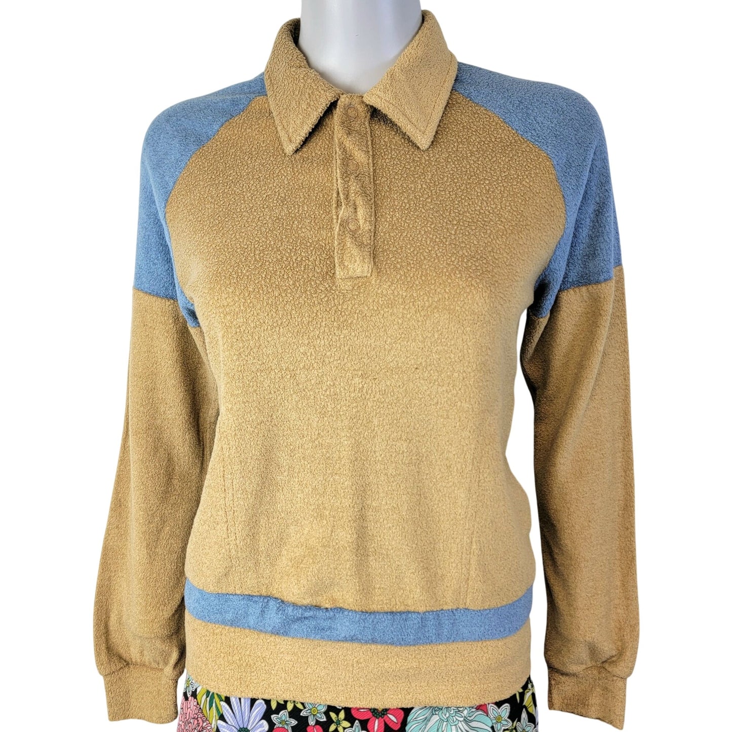 Vintage 70s Terry Polo Shirt Women Medium Tan Blue Sweater Sweatshirt Top Casual