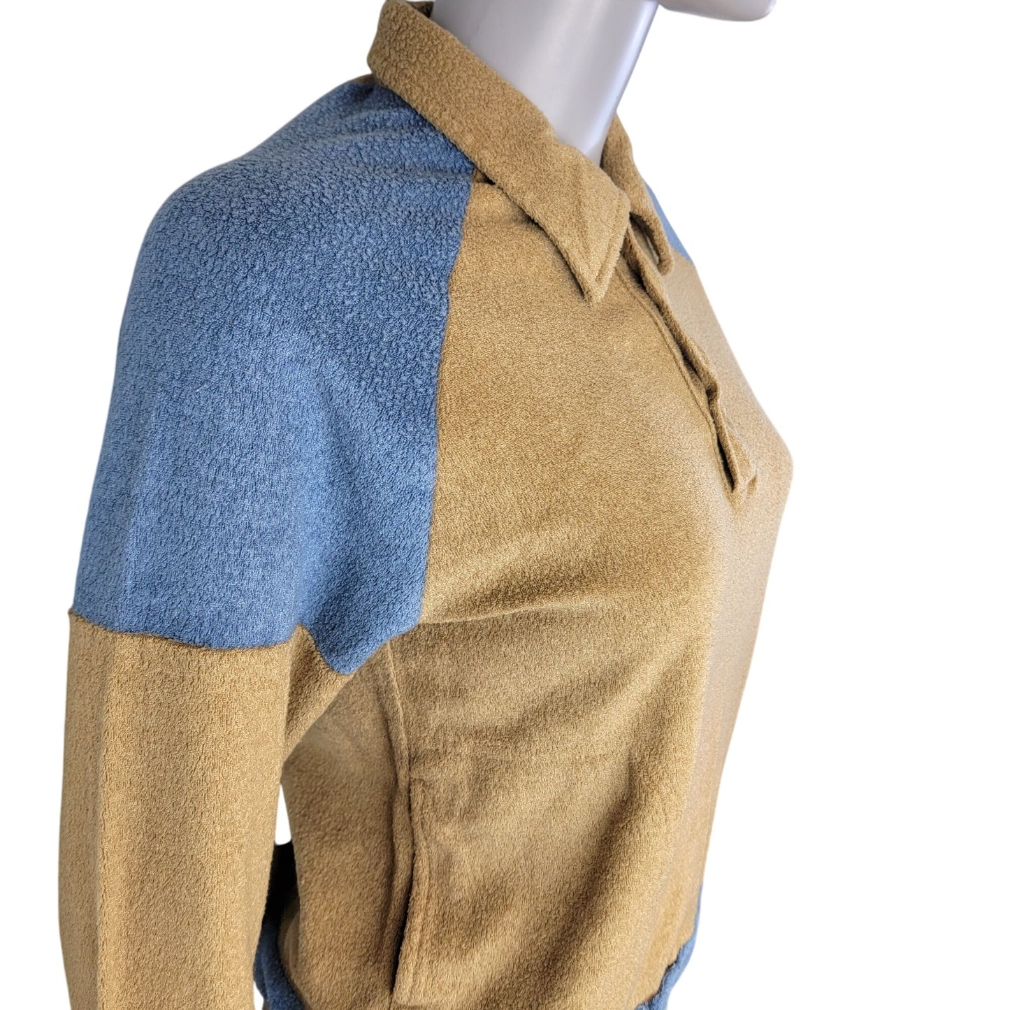 Vintage 70s Terry Polo Shirt Women Medium Tan Blue Sweater Sweatshirt Top Casual