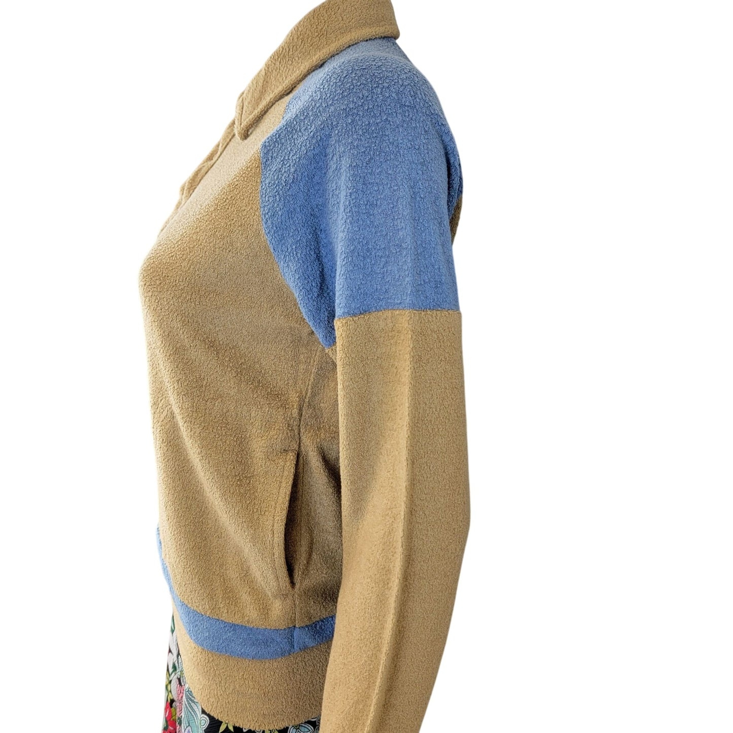 Vintage 70s Terry Polo Shirt Women Medium Tan Blue Sweater Sweatshirt Top Casual