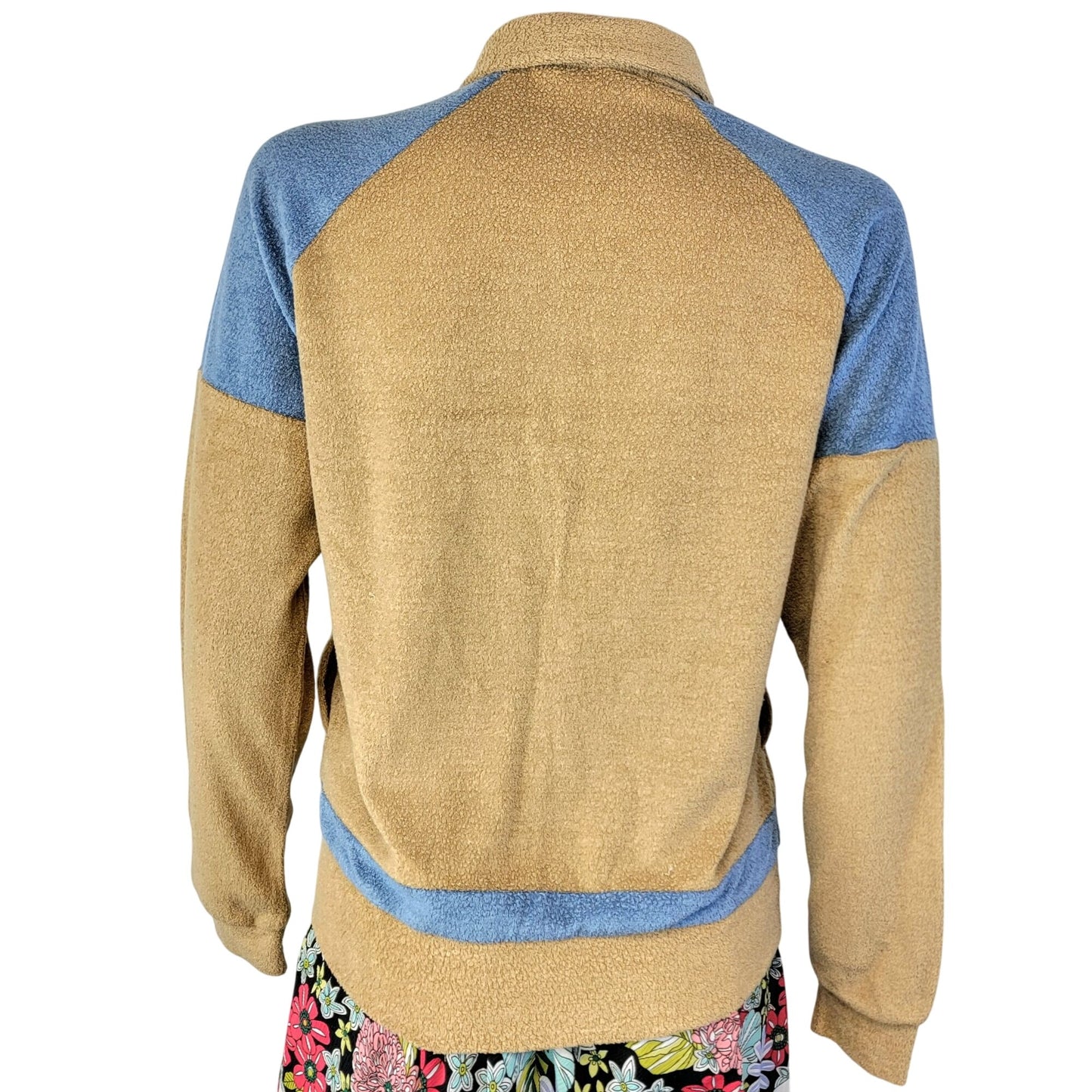 Vintage 70s Terry Polo Shirt Women Medium Tan Blue Sweater Sweatshirt Top Casual