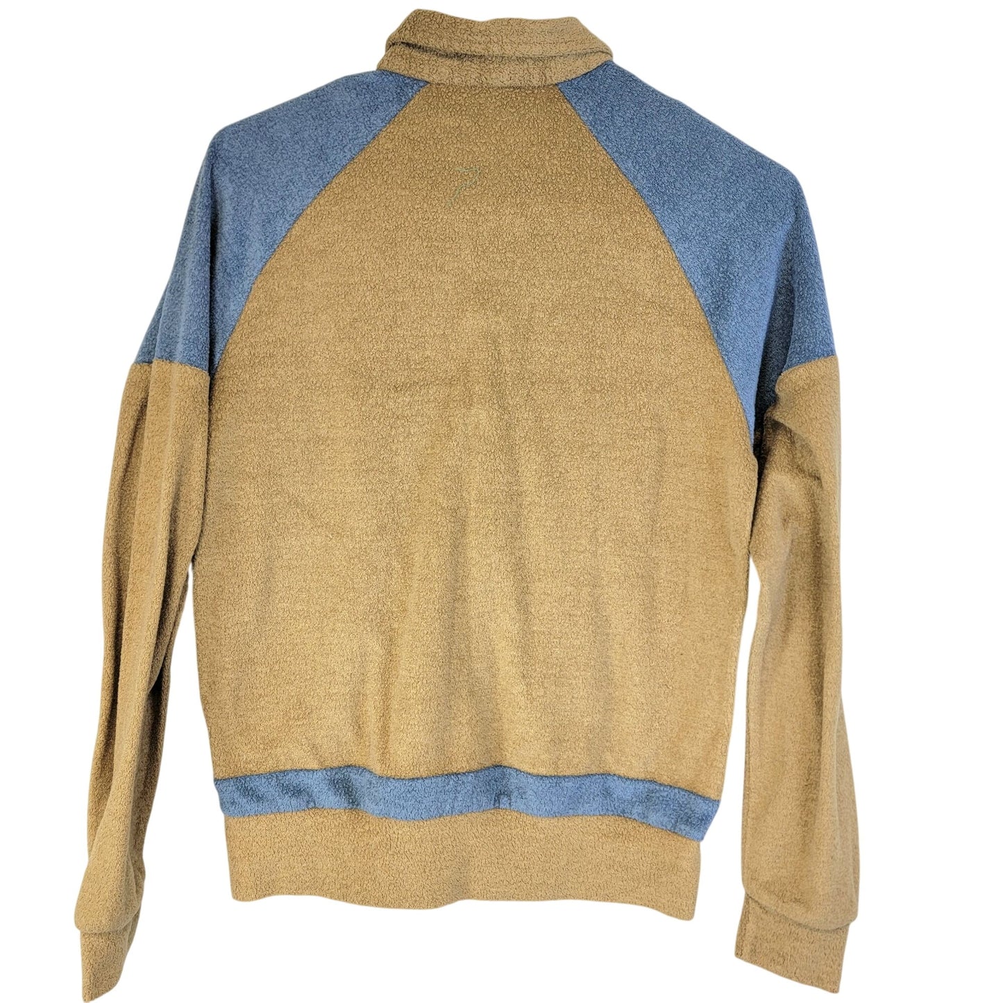 Vintage 70s Terry Polo Shirt Women Medium Tan Blue Sweater Sweatshirt Top Casual