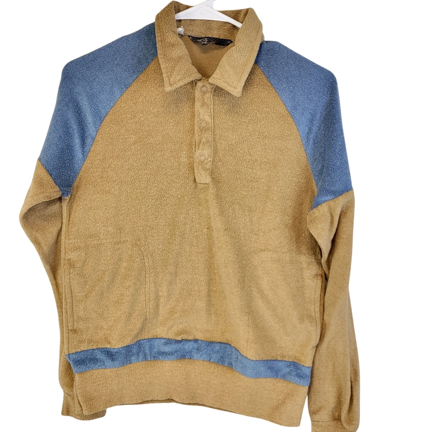 Vintage 70s Terry Polo Shirt Women Medium Tan Blue Sweater Sweatshirt Top Casual