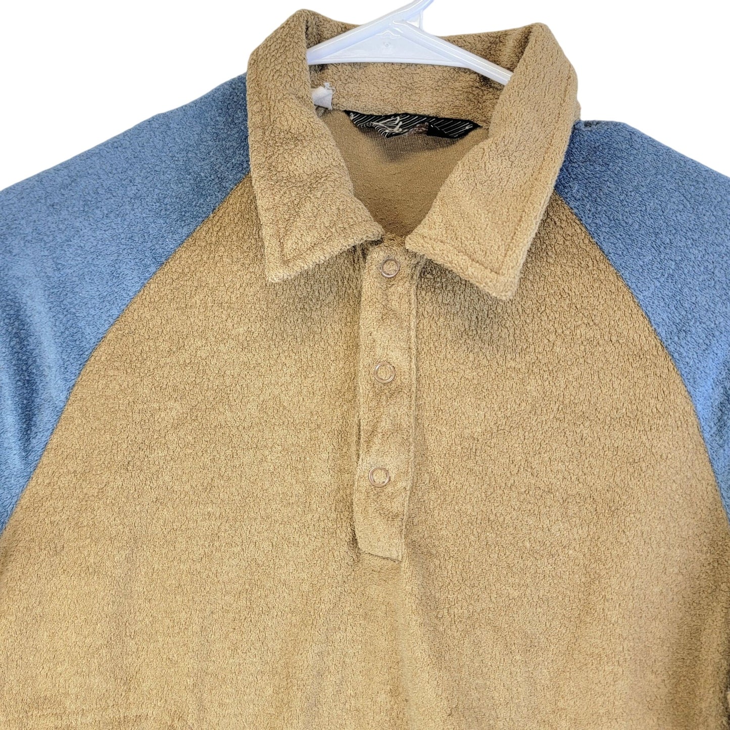 Vintage 70s Terry Polo Shirt Women Medium Tan Blue Sweater Sweatshirt Top Casual
