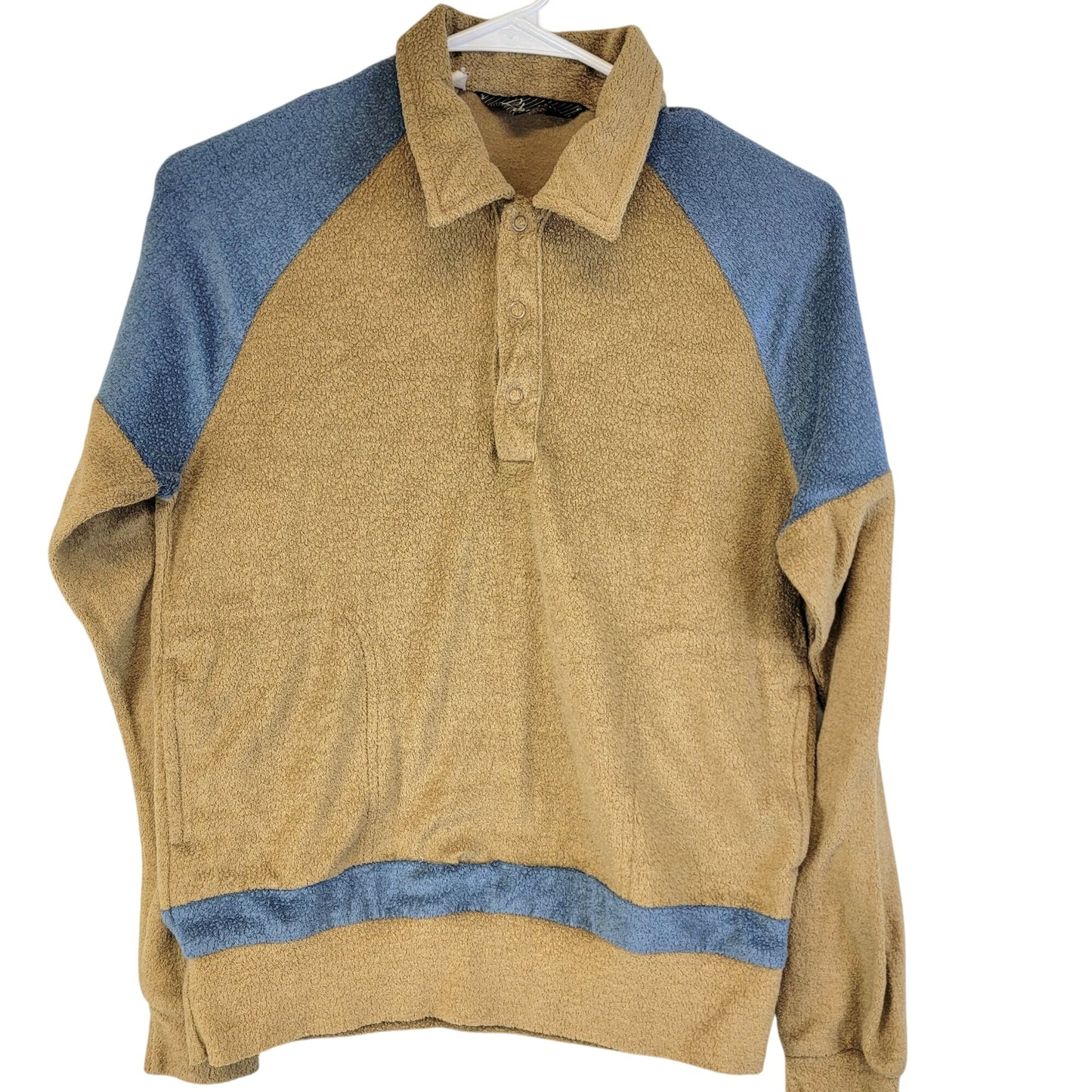 Vintage 70s Terry Polo Shirt Women Medium Tan Blue Sweater Sweatshirt Top Casual
