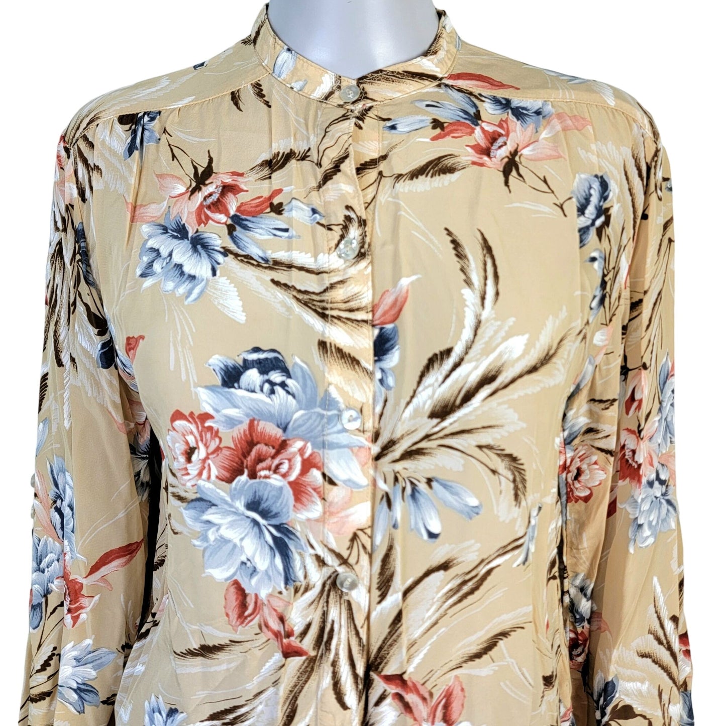 Vintage 70s Floral Shirt Women Medium Red Blue