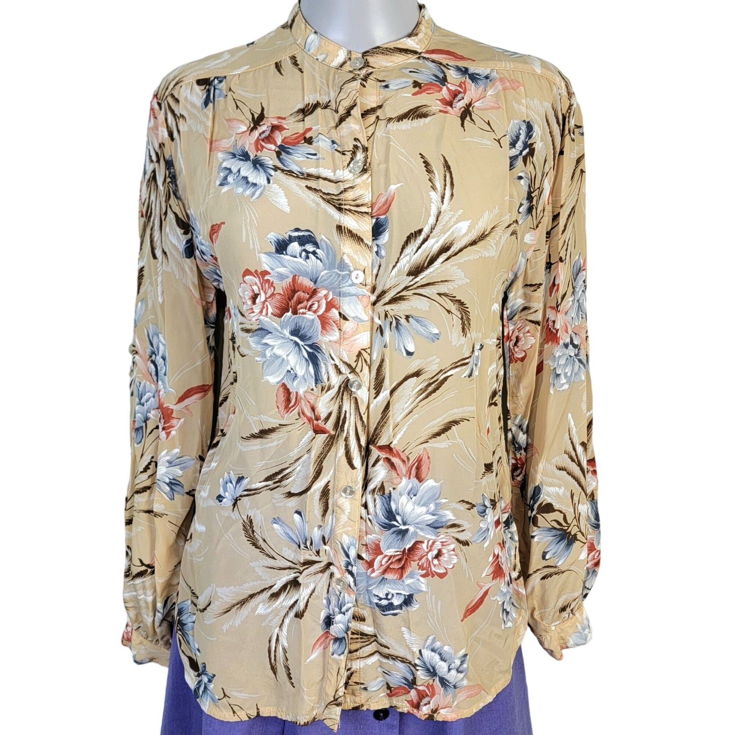 Vintage 70s Floral Shirt Women Medium Red Blue