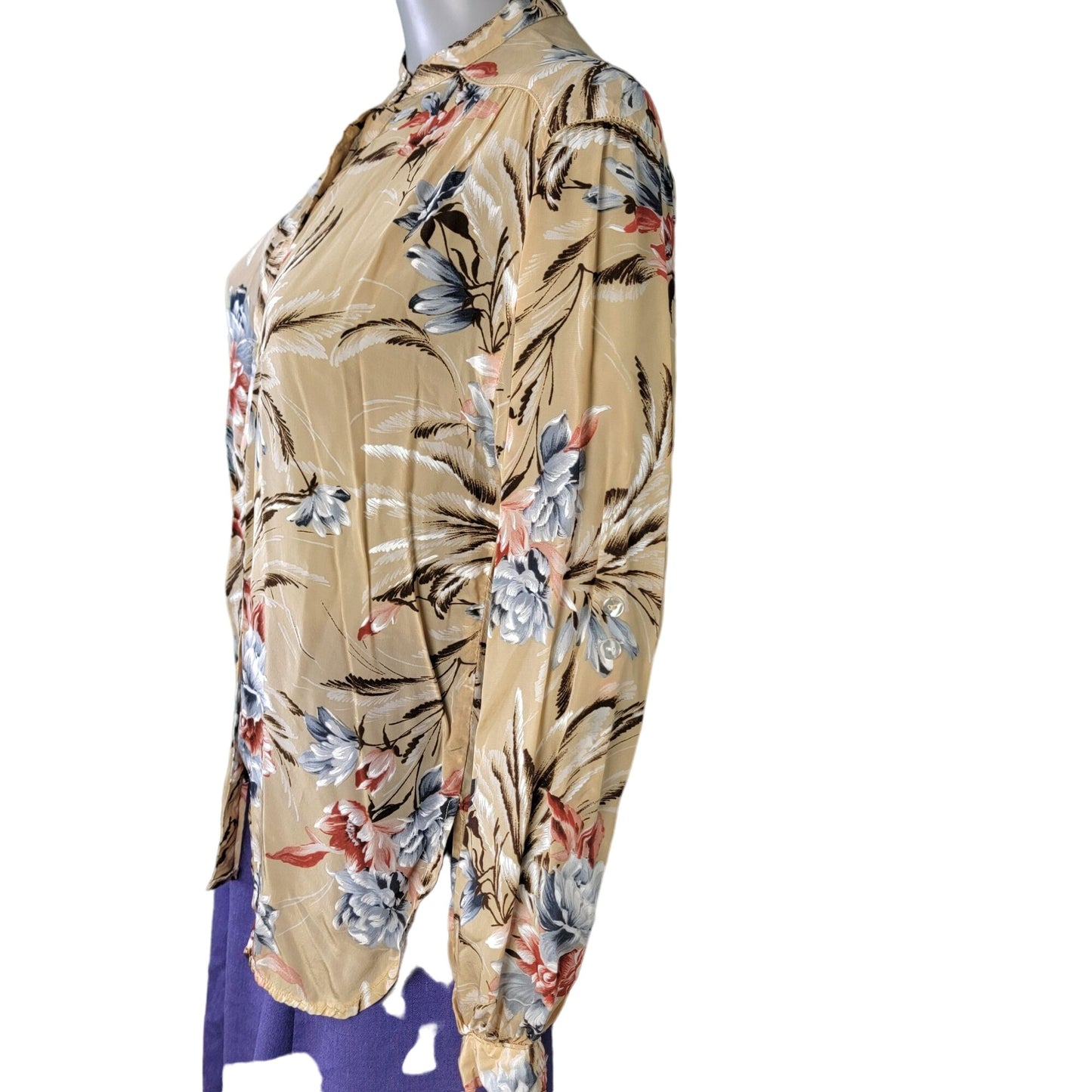 Vintage 70s Floral Shirt Women Medium Red Blue