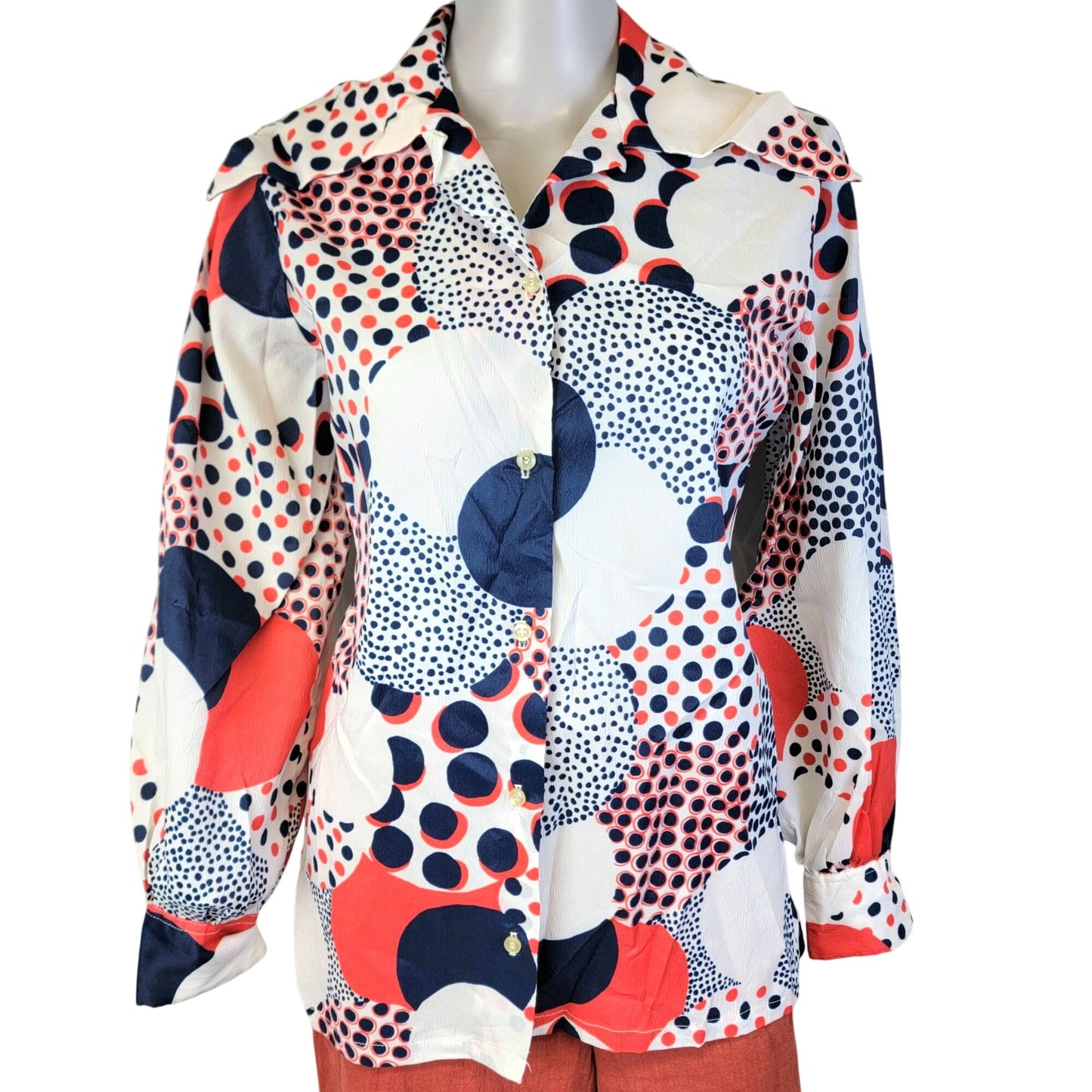 Sears Vintage 70s Blouse Shirt Women Medium Geometric Patriotic Collar Top Red White Blue