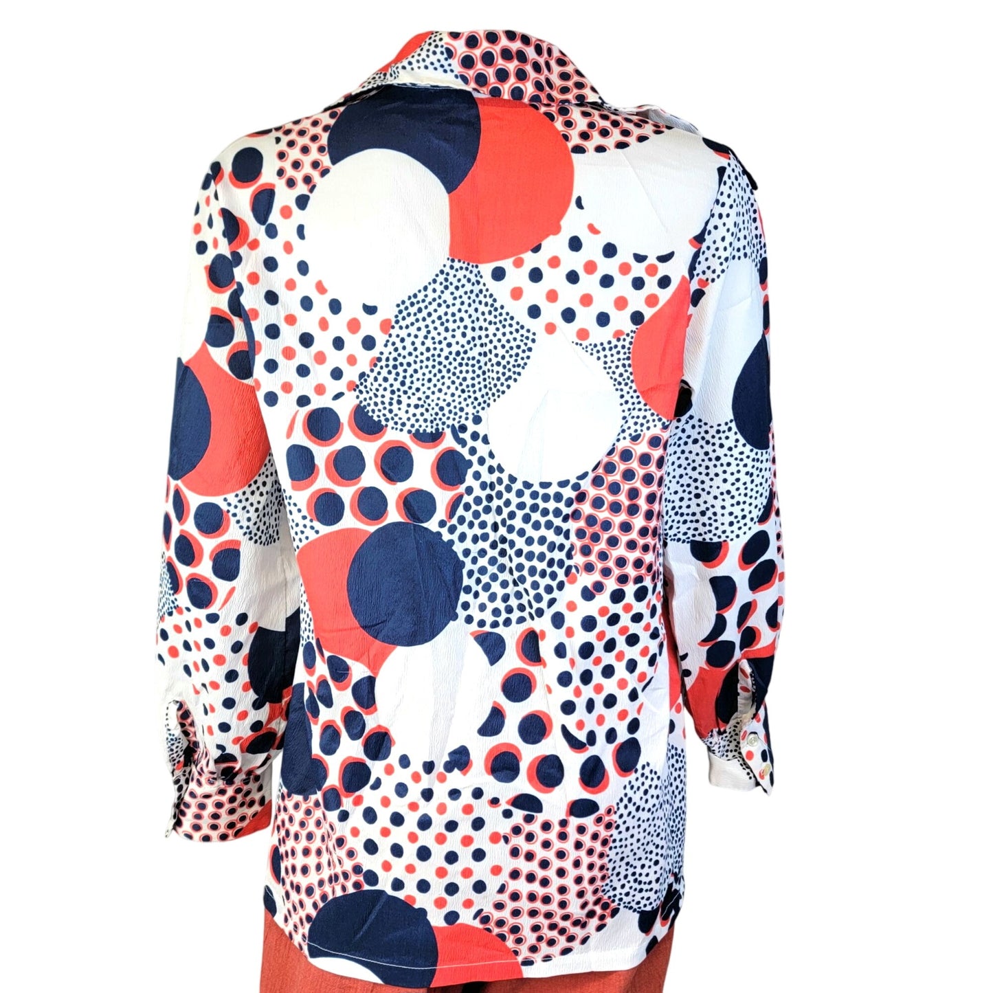 Sears Vintage 70s Blouse Shirt Women Medium Geometric Patriotic Collar Top Red White Blue