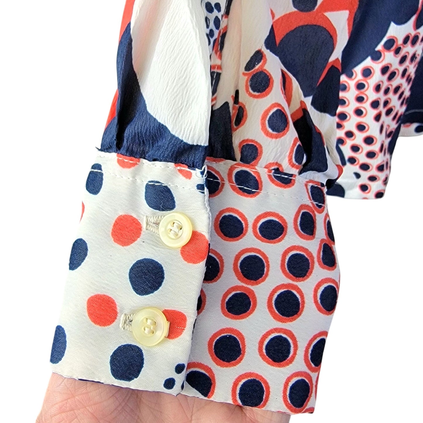 Sears Vintage 70s Blouse Shirt Women Medium Geometric Patriotic Collar Top Red White Blue