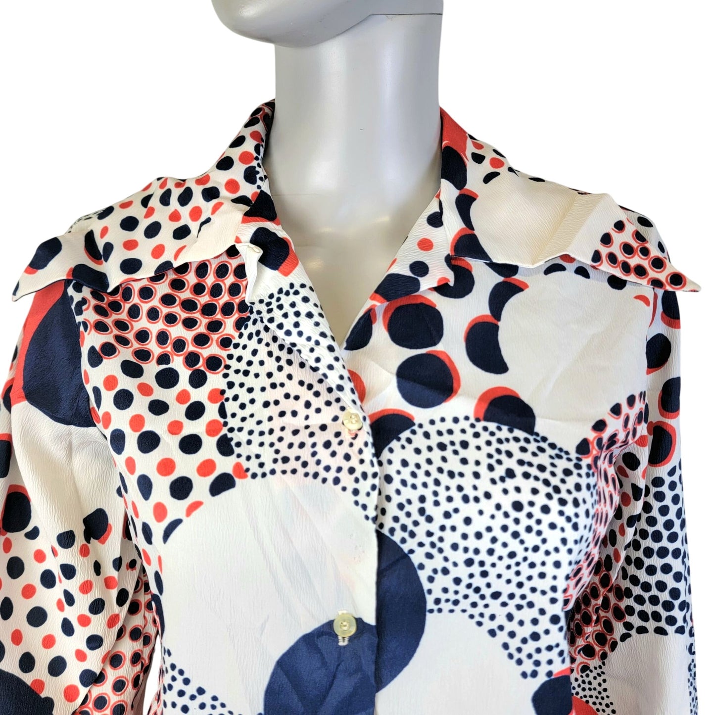Sears Vintage 70s Blouse Shirt Women Medium Geometric Patriotic Collar Top Red White Blue
