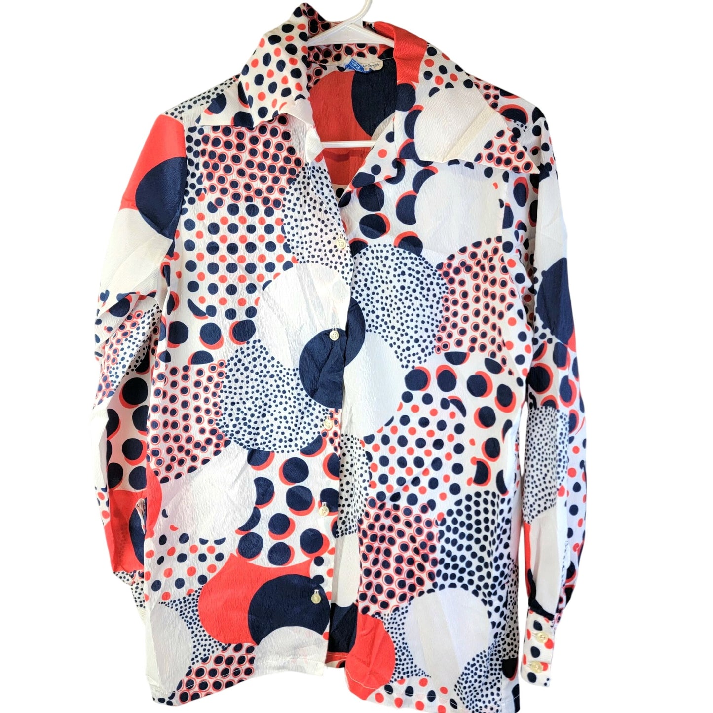 Sears Vintage 70s Blouse Shirt Women Medium Geometric Patriotic Collar Top Red White Blue