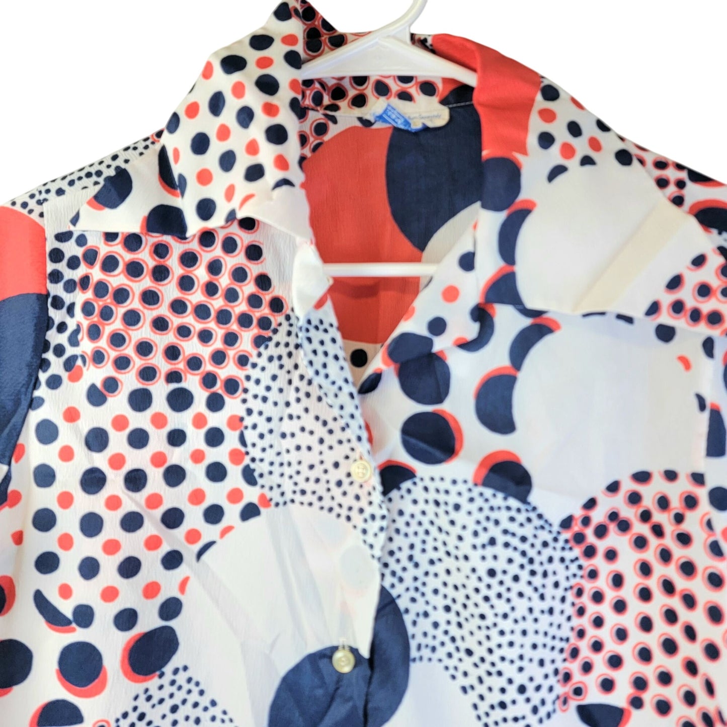 Sears Vintage 70s Blouse Shirt Women Medium Geometric Patriotic Collar Top Red White Blue