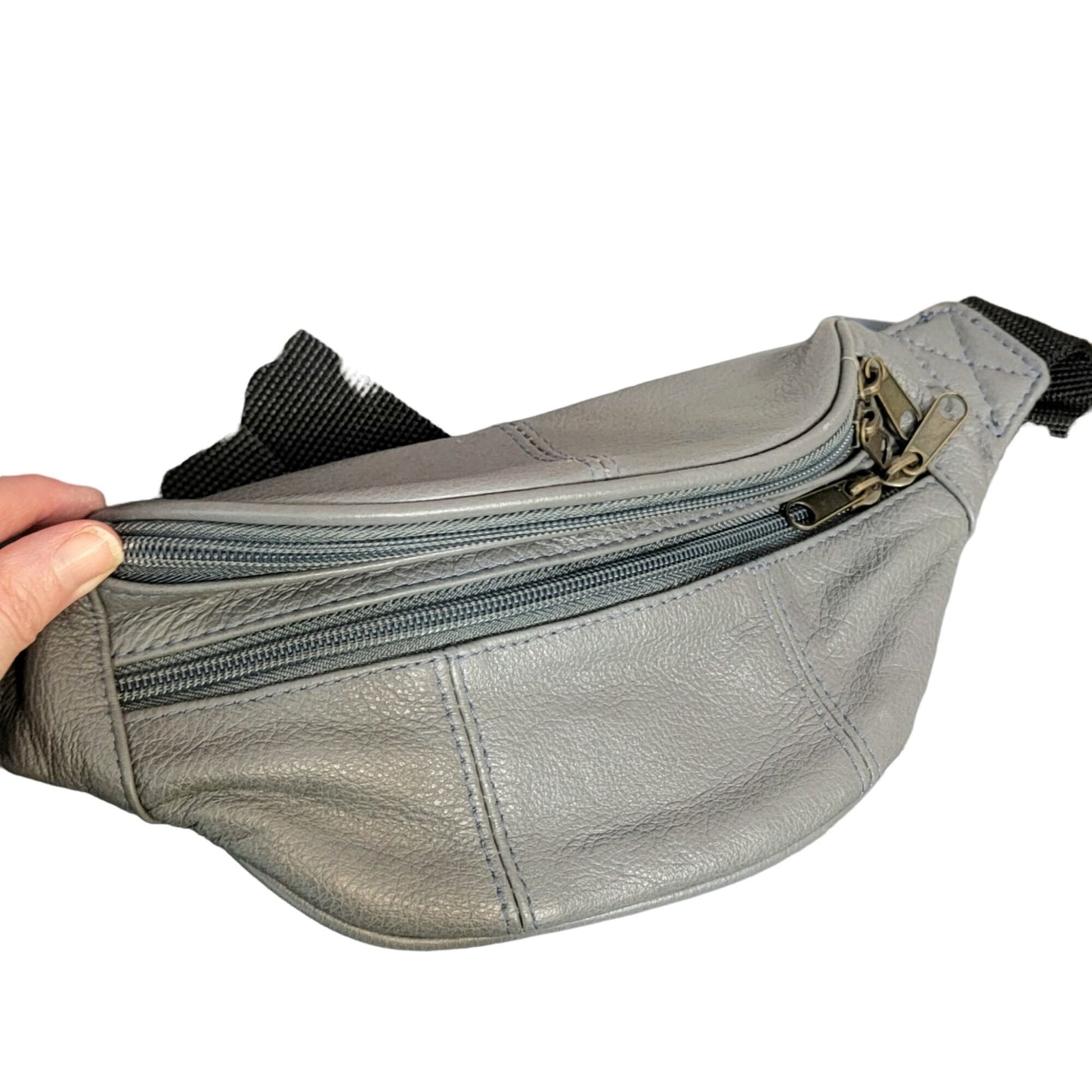 Leather Belt Bag Women Men Gray Zip Travel New