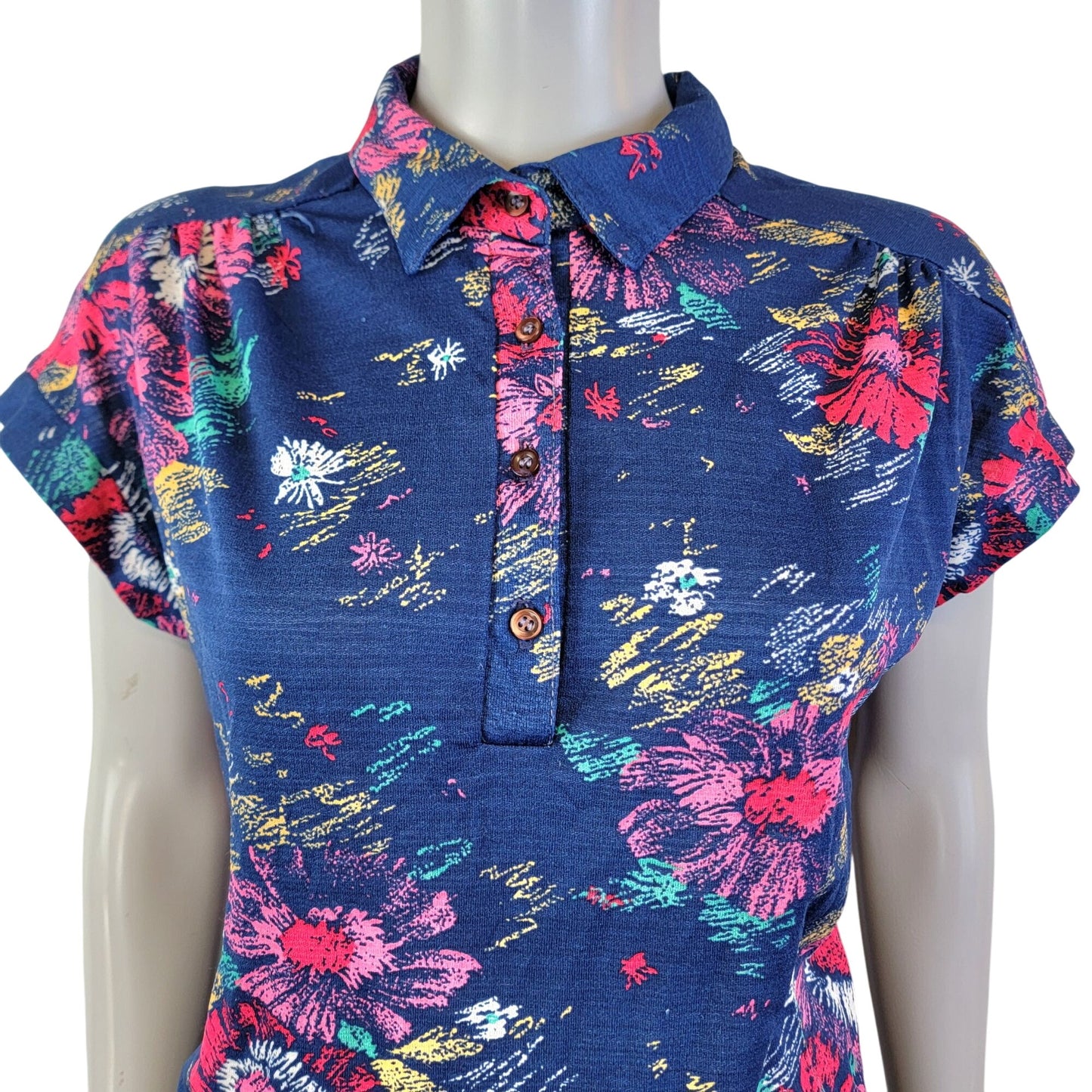 Eccobay Vintage 70s Floral Shirt Women XL 14 Blue Short Sleeve
