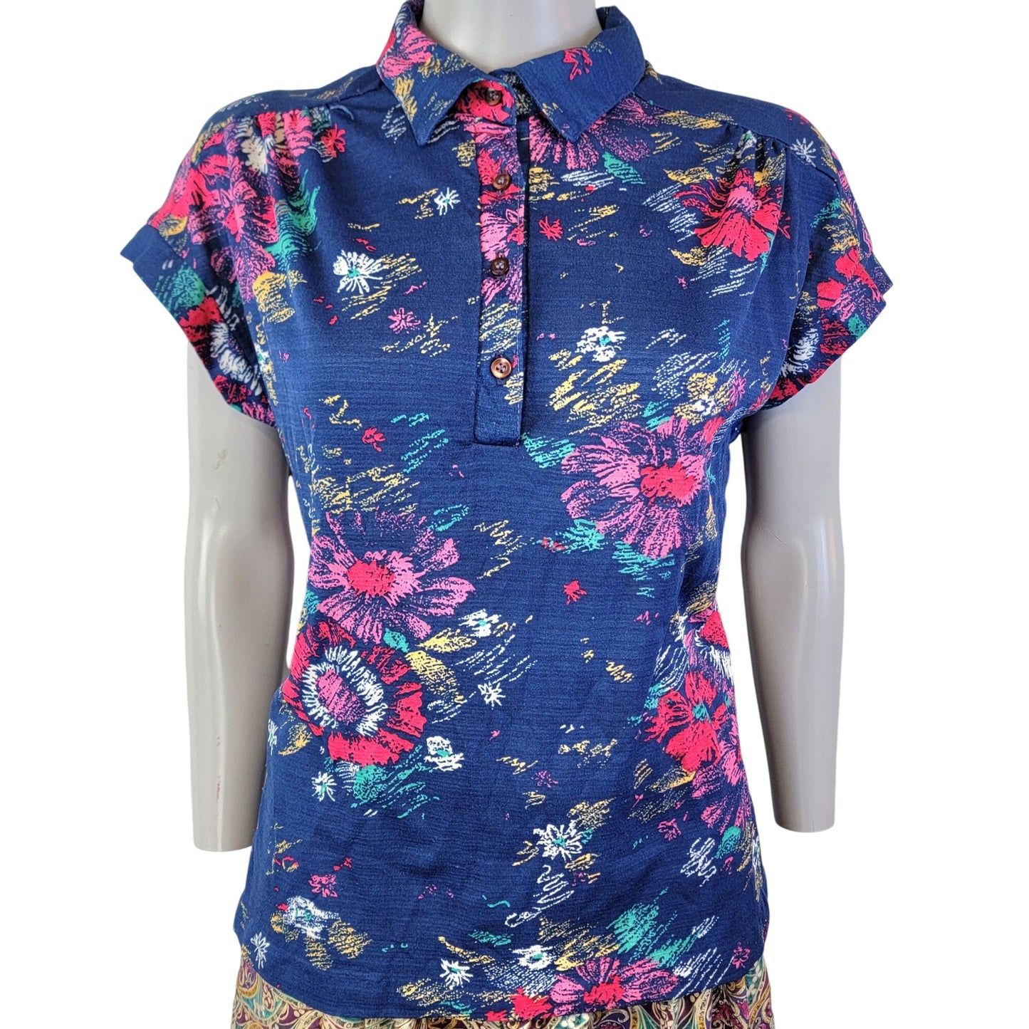 Eccobay Vintage 70s Floral Shirt Women XL 14 Blue Short Sleeve