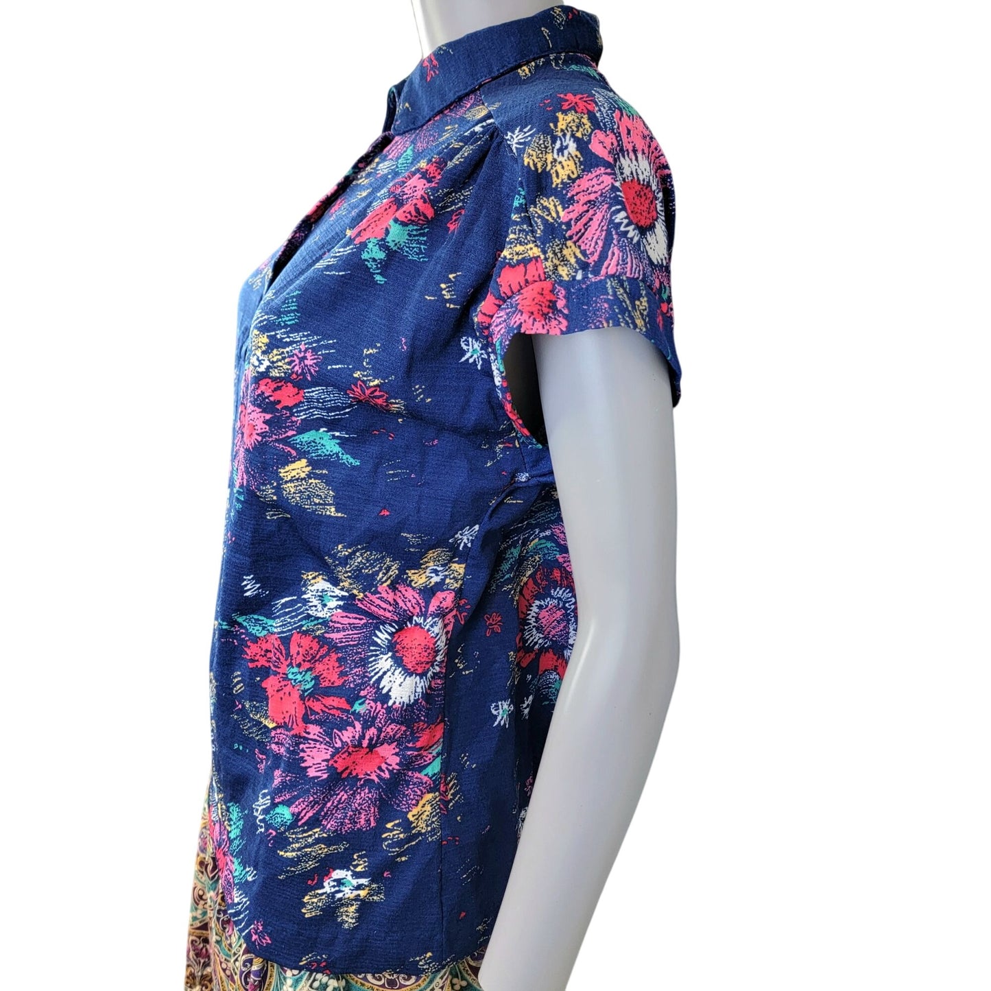 Eccobay Vintage 70s Floral Shirt Women XL 14 Blue Short Sleeve