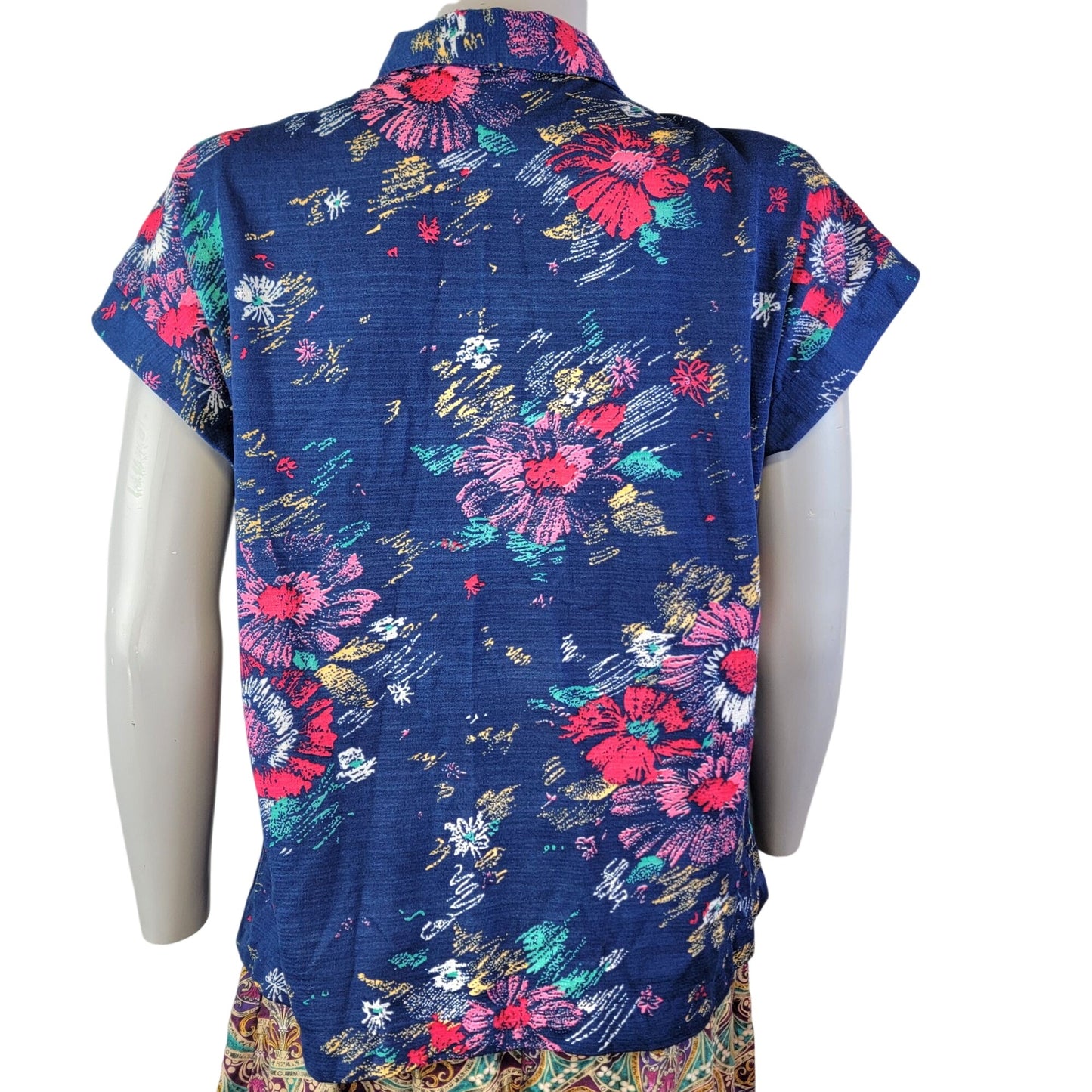 Eccobay Vintage 70s Floral Shirt Women XL 14 Blue Short Sleeve
