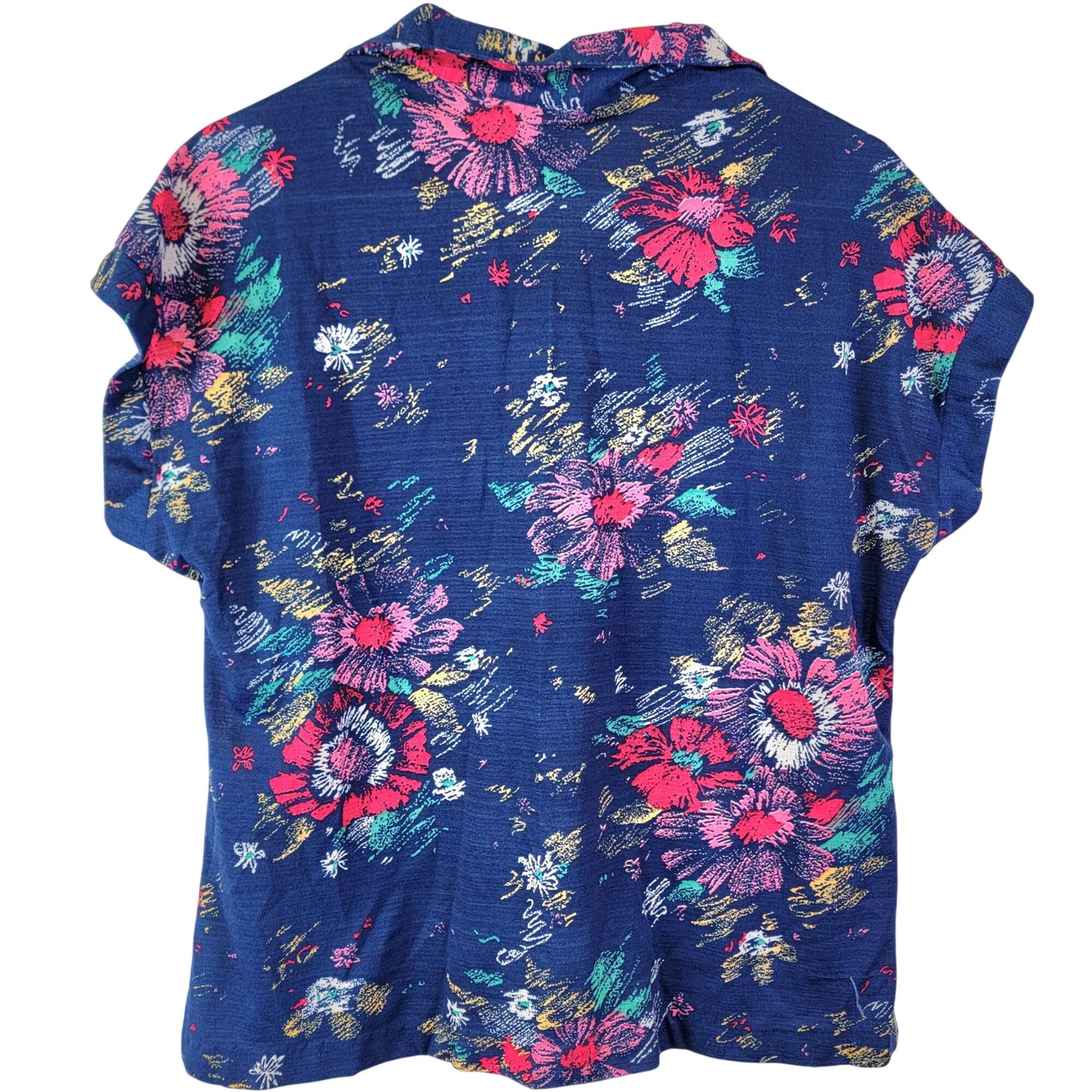 Eccobay Vintage 70s Floral Shirt Women XL 14 Blue Short Sleeve