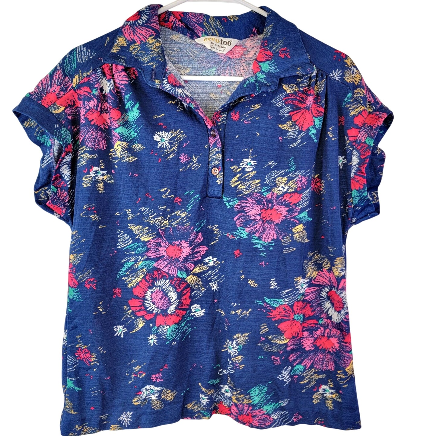 Eccobay Vintage 70s Floral Shirt Women XL 14 Blue Short Sleeve