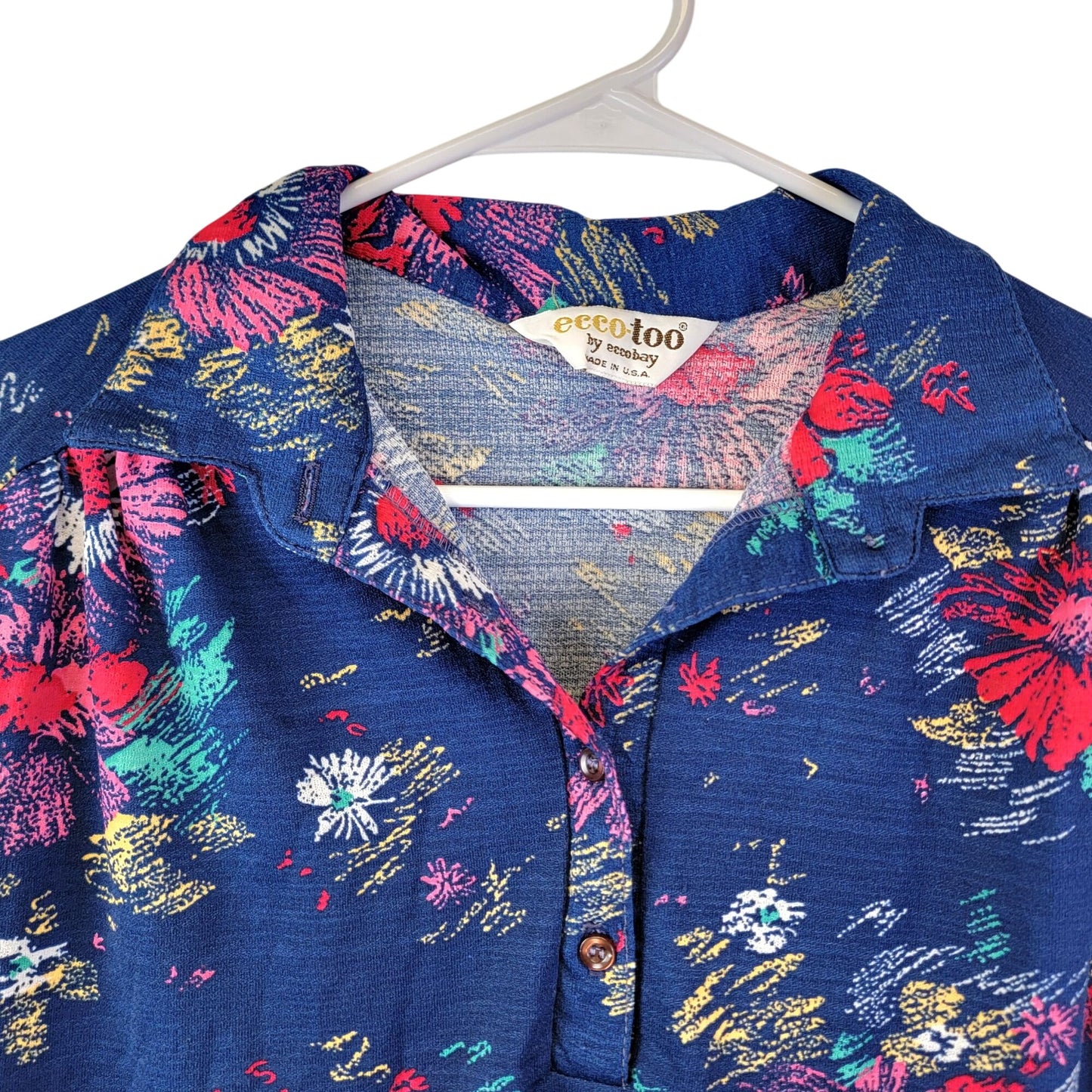 Eccobay Vintage 70s Floral Shirt Women XL 14 Blue Short Sleeve