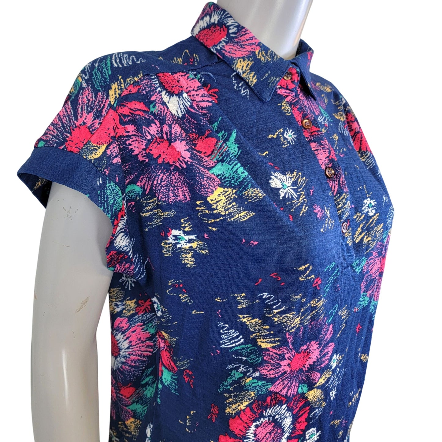 Eccobay Vintage 70s Floral Shirt Women XL 14 Blue Short Sleeve