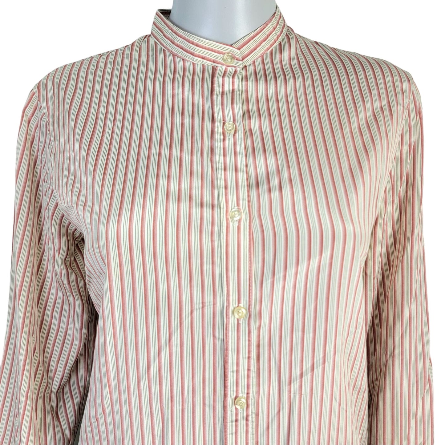 Vintage 70s Stripe Blouse Women 14 Button Shirt Roll Tab Sleeve Top Red Green